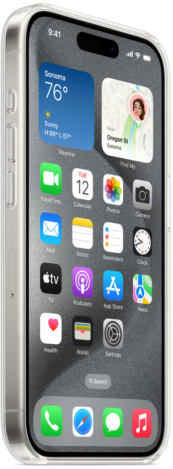 Un téléphone avec son écran d'accueil affiché. Affiche la météo, le calendrier et d'autres icônes d'applications.