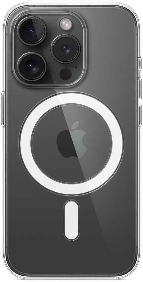 Coque iPhone 14 Pro Max, dos transparent avec logo Apple et anneau MagSafe, bande inférieure blanche.
