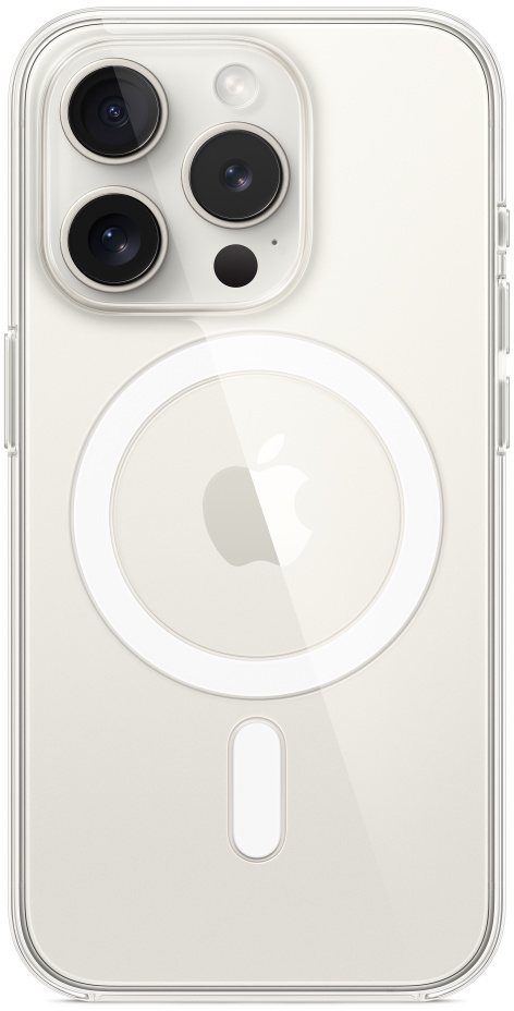 Coque transparente pour iPhone avec anneau MagSafe et logo Apple au dos.