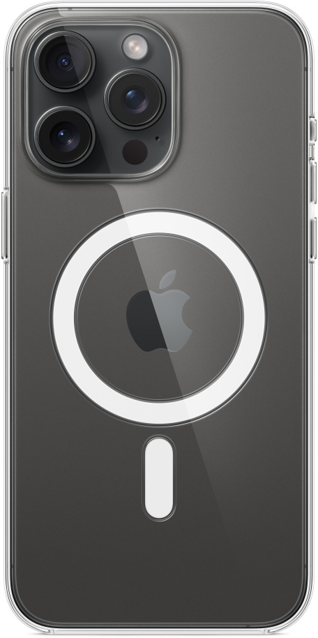 Rückansicht eines iPhones in einer durchsichtigen Hülle. Es hat einen MagSafe-Kreis und Kameralinsen.