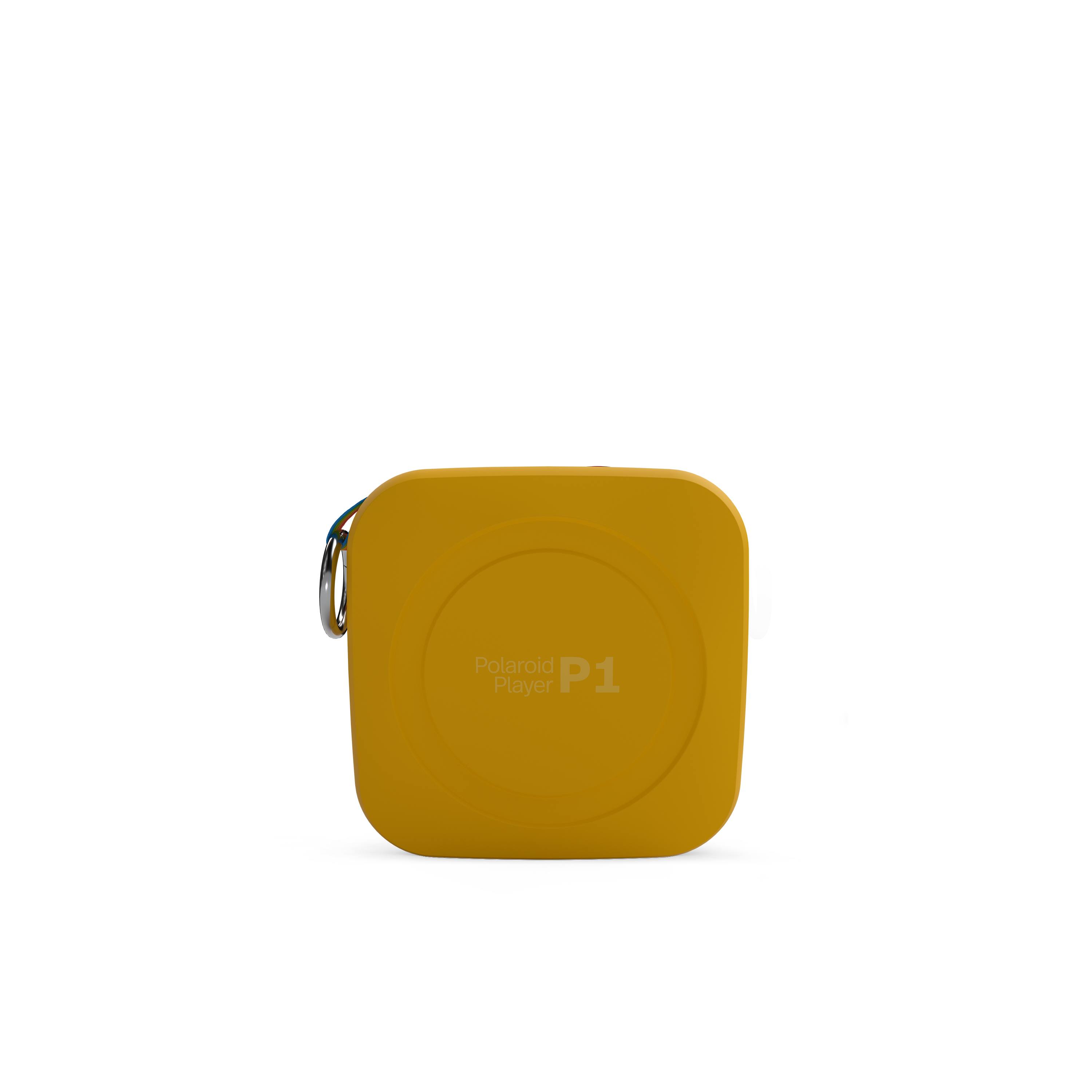 Siyah bir arka plan üzerinde sarı bir Polaroid P1 hoparlör. Bir halkası ve bir düğmesi var.