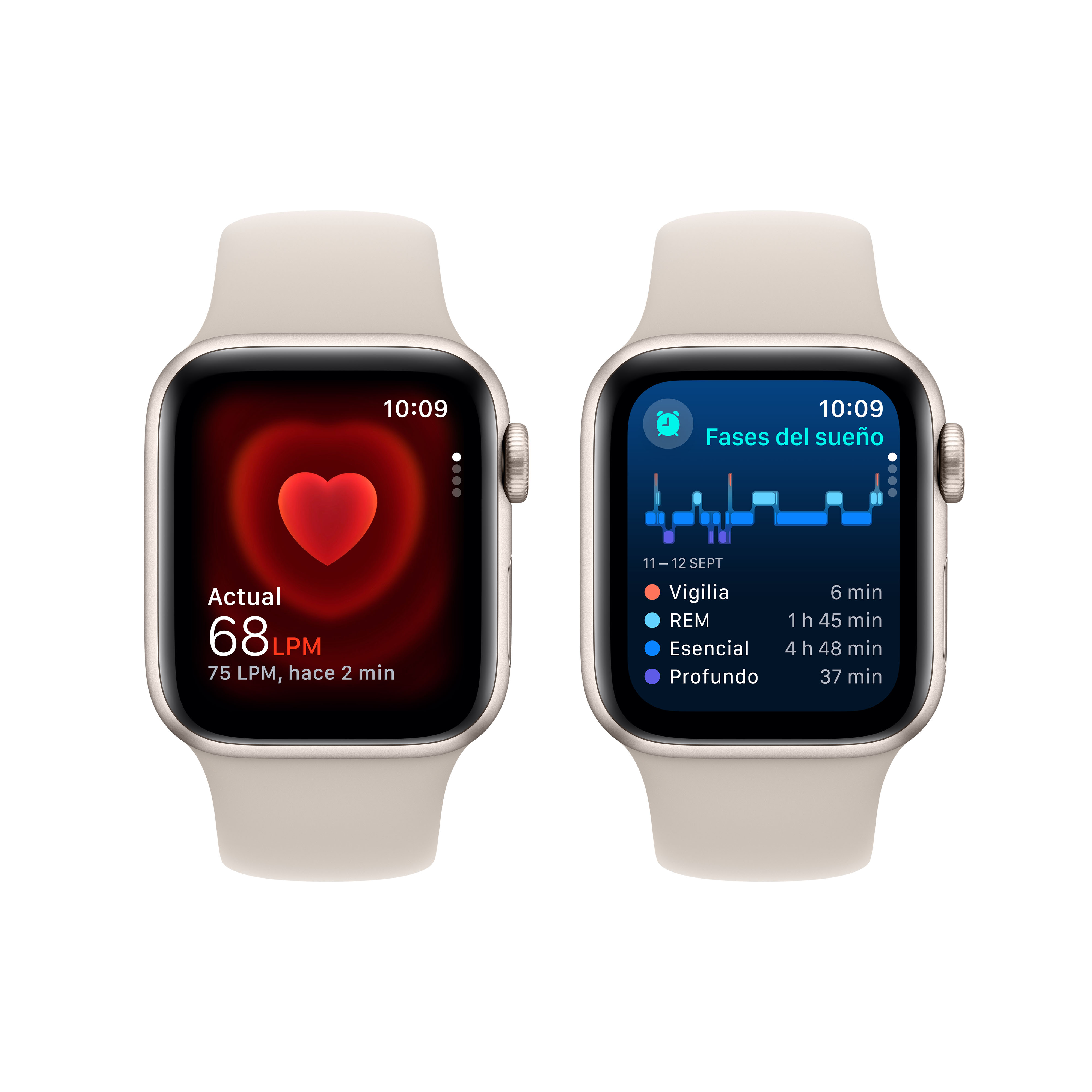 Dos smartwatches uno al lado del otro. Uno muestra la frecuencia cardíaca, el otro las fases del sueño.