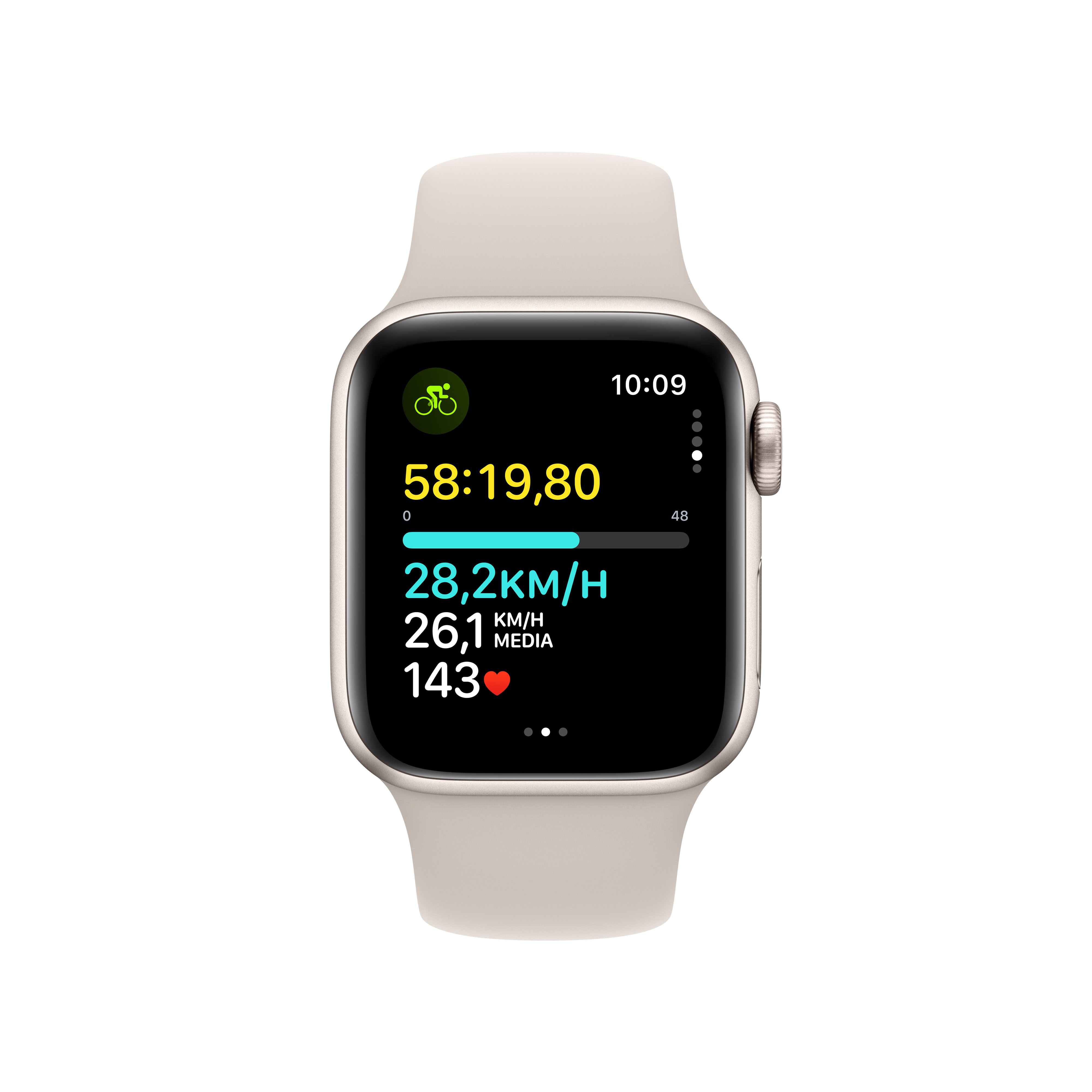 Apple Watch con correa beige que muestra un entrenamiento de ciclismo con velocidad, frecuencia cardíaca y distancia.