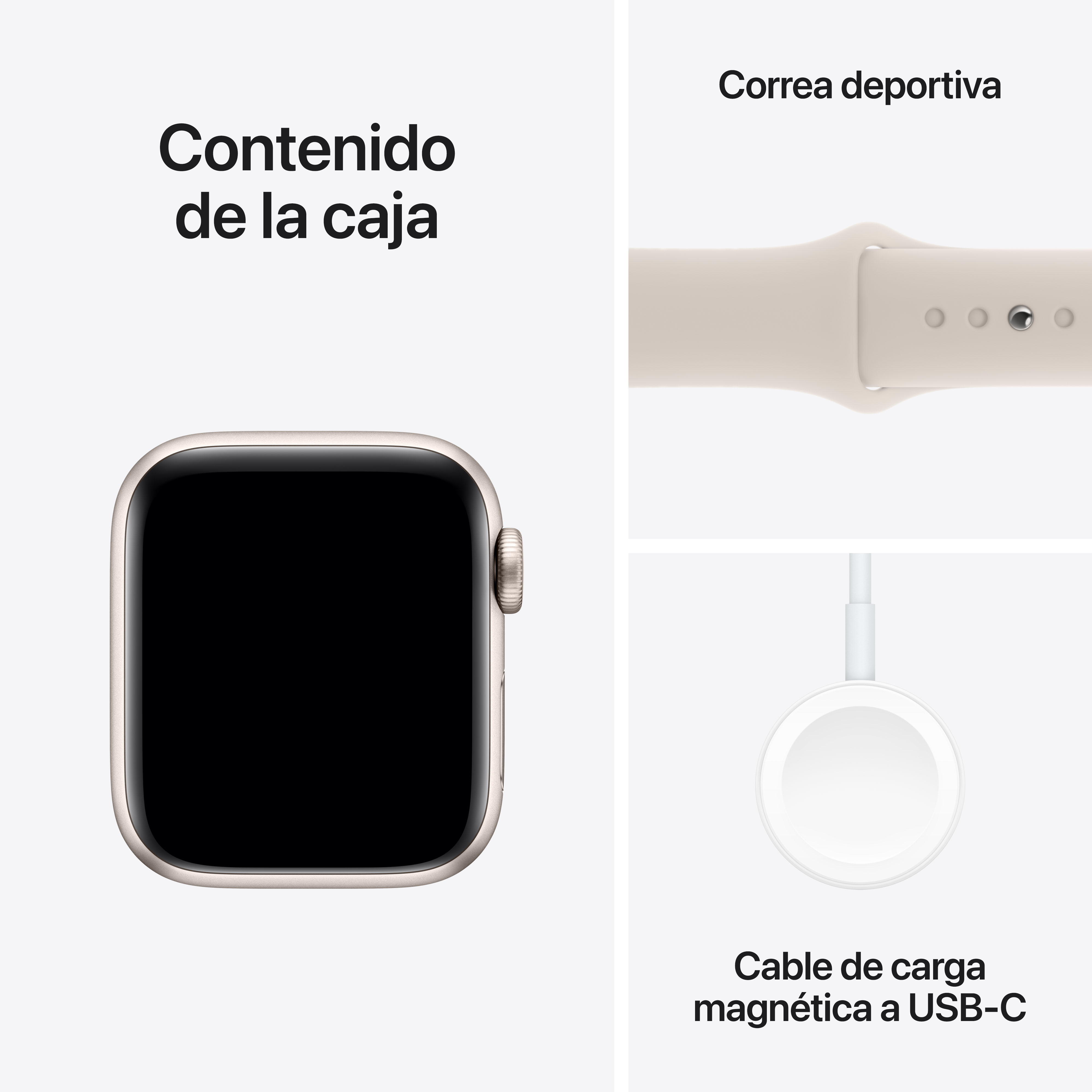 Un reloj y accesorios de Apple. Un reloj blanco con correa blanca y una base de carga.