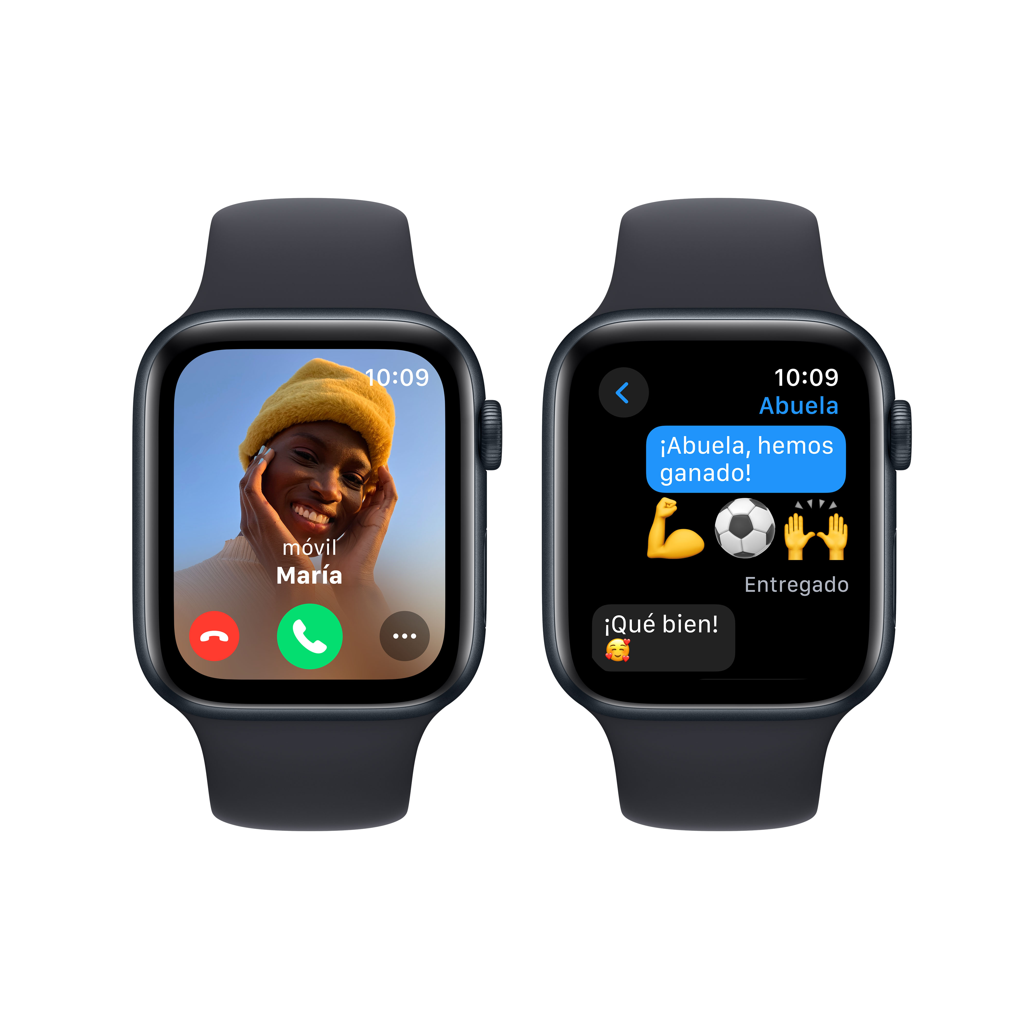 Dos relojes inteligentes, uno con pantalla de llamada, el otro con una conversación de mensajes de texto.