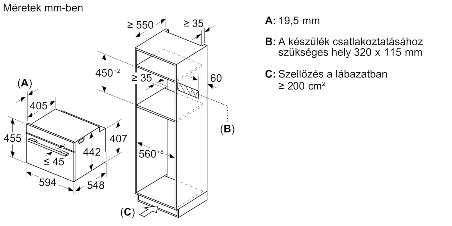 Beépített sütő műszaki rajza méretekkel és feliratokkal, németül.