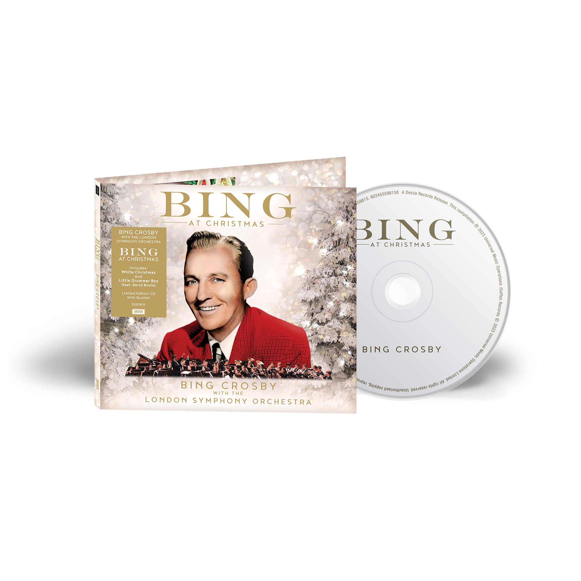 Ein Bing Crosby Album, 'Bing at Christmas'. Das Albumcover zeigt Crosby und Weihnachtsdekorationen.