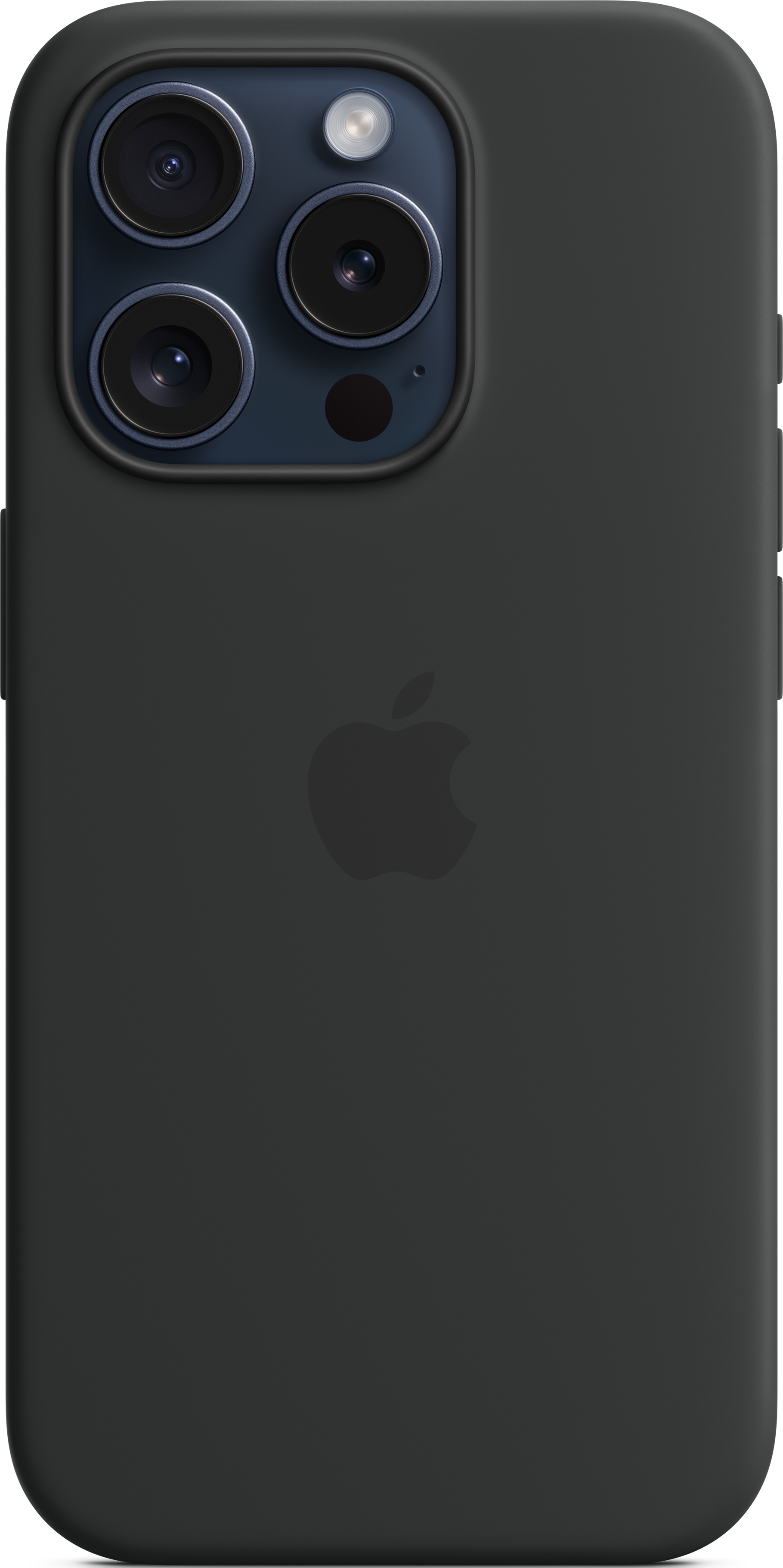 Un étui iPhone gris foncé, vue arrière, avec trois lentilles d'appareil photo et le logo Apple.