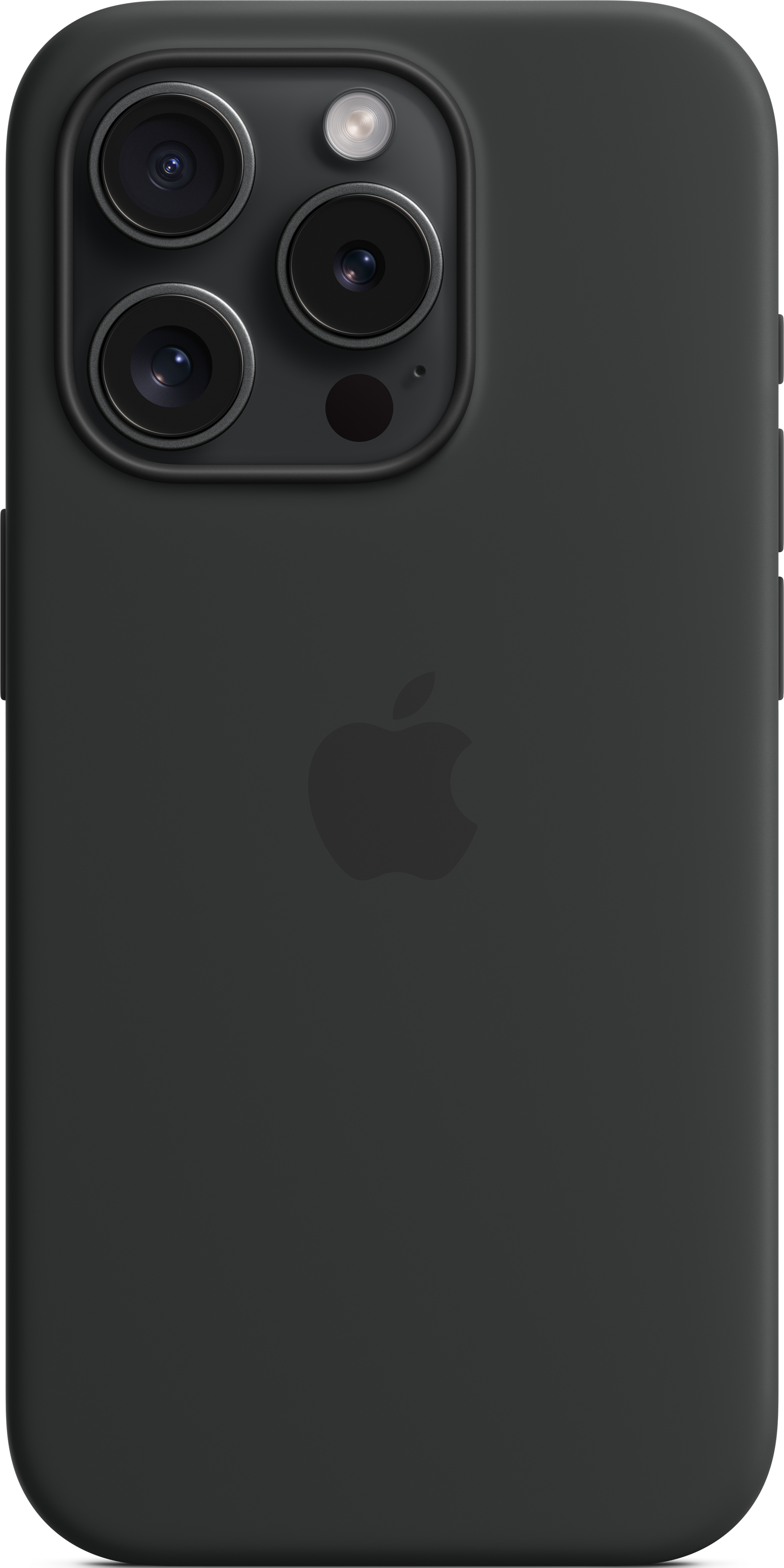 Dos d'un iPhone noir avec le logo Apple. Le module caméra est visible. Le téléphone est contre un fond blanc.