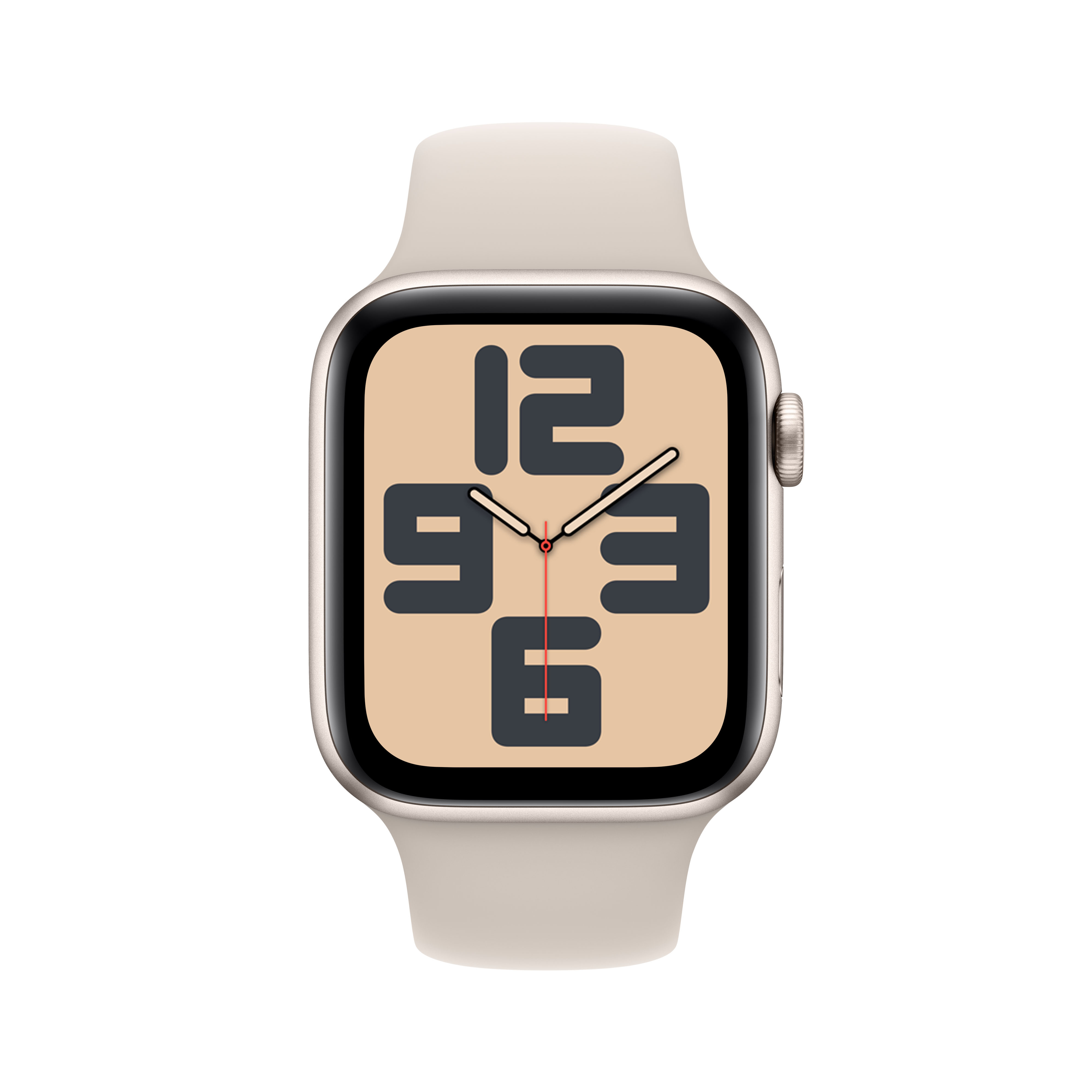 Un smartwatch con correa beige mostrando la hora en la pantalla.