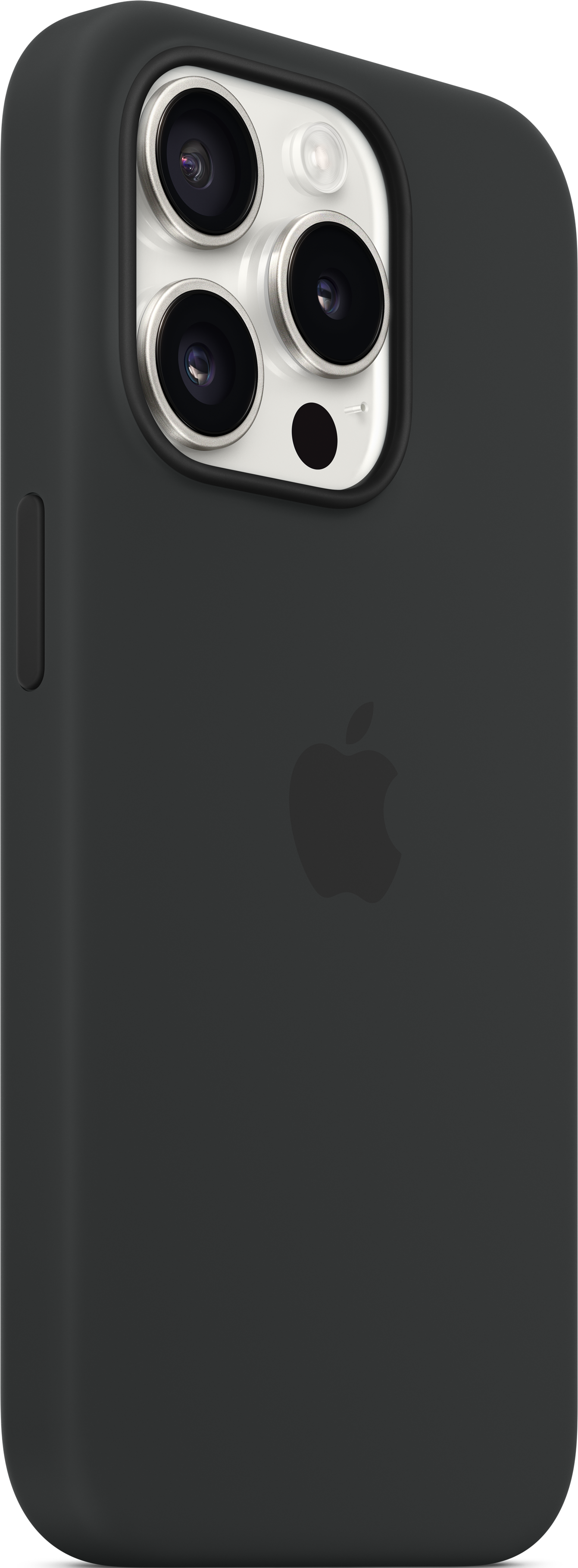 Une coque de téléphone noire avec le logo Apple au dos, vue de côté.