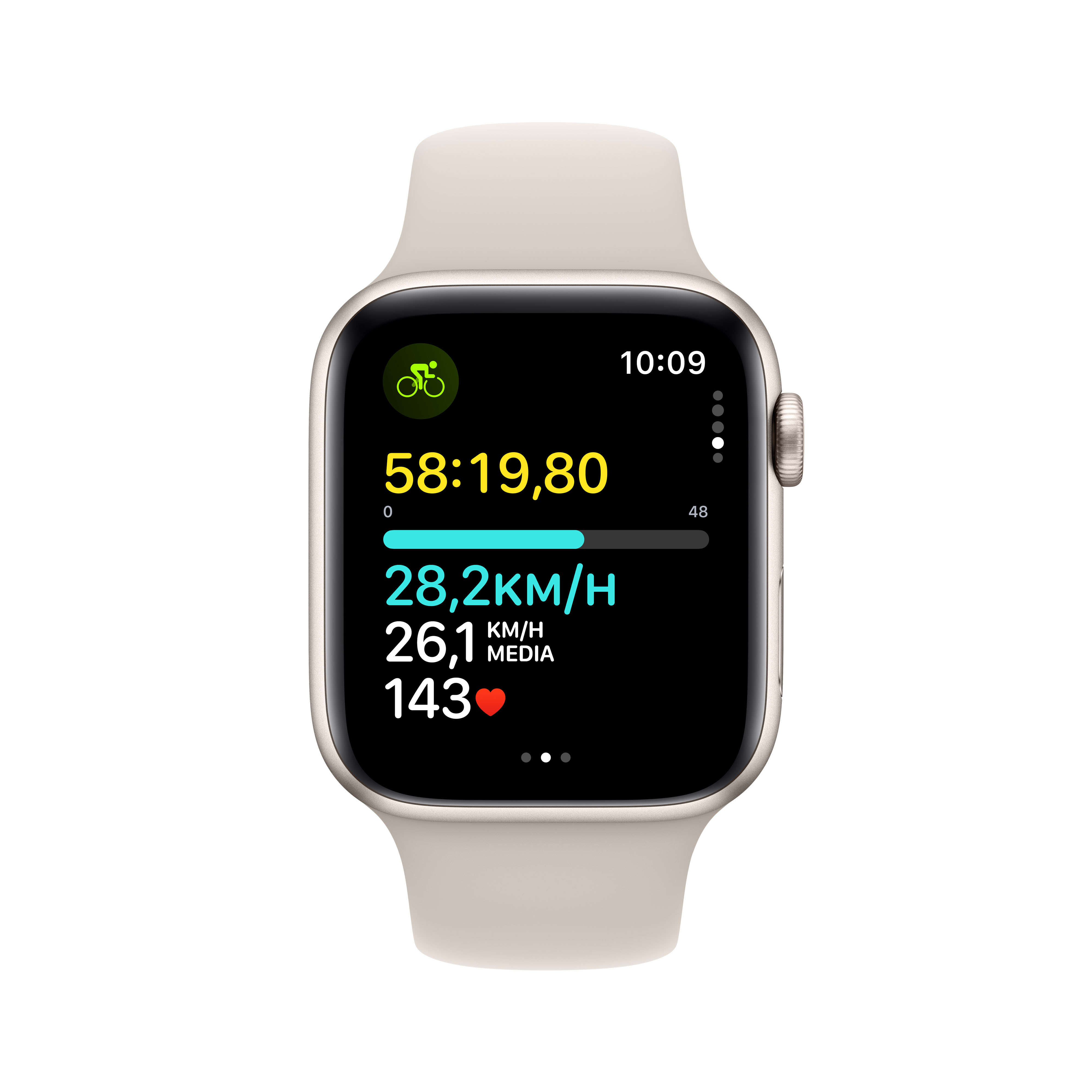 Apple Watch mostrando estadísticas de entrenamiento en una correa beige.