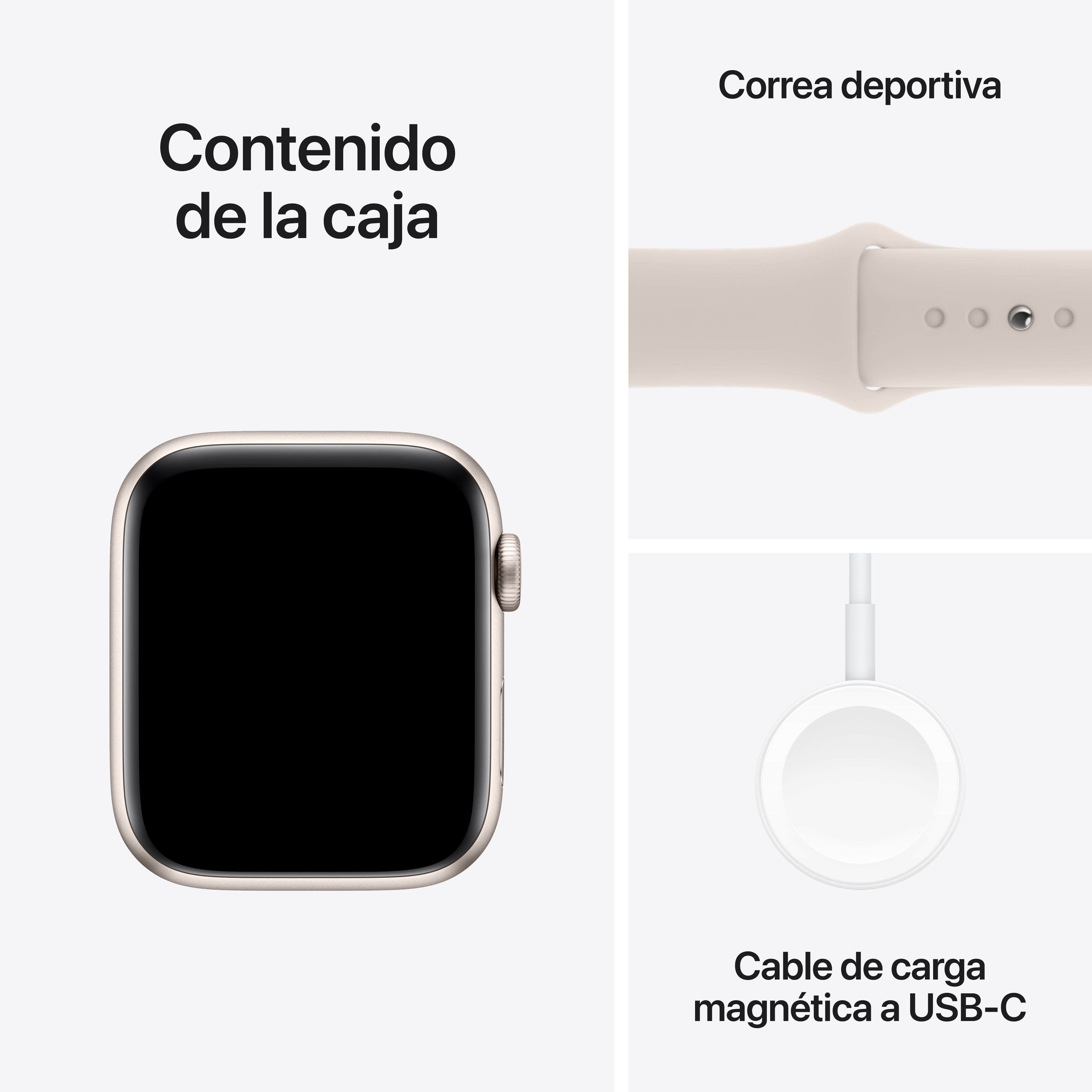 Apple Watch con contenido de la caja: reloj, correa y cable de carga.