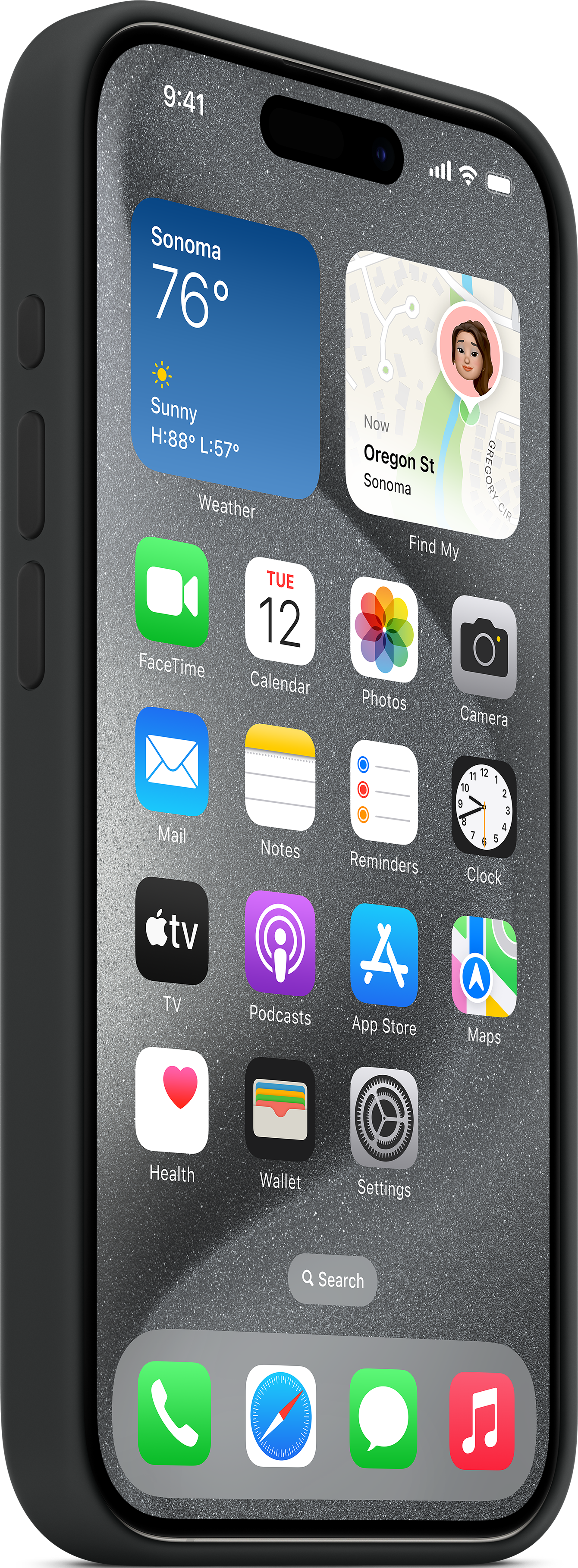 Un téléphone affichant un écran d'accueil avec des icônes d'applications et des informations météorologiques.