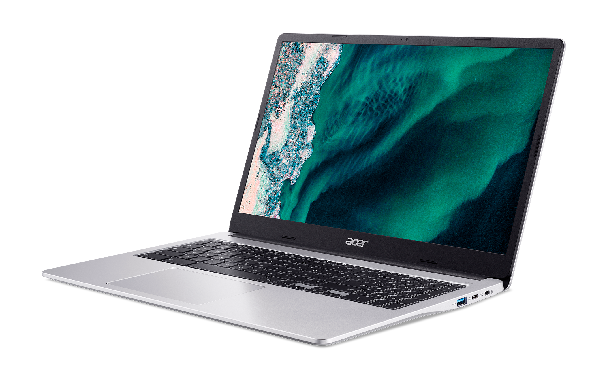 Laptop Acer plateado con pantalla mostrando paisaje verde.