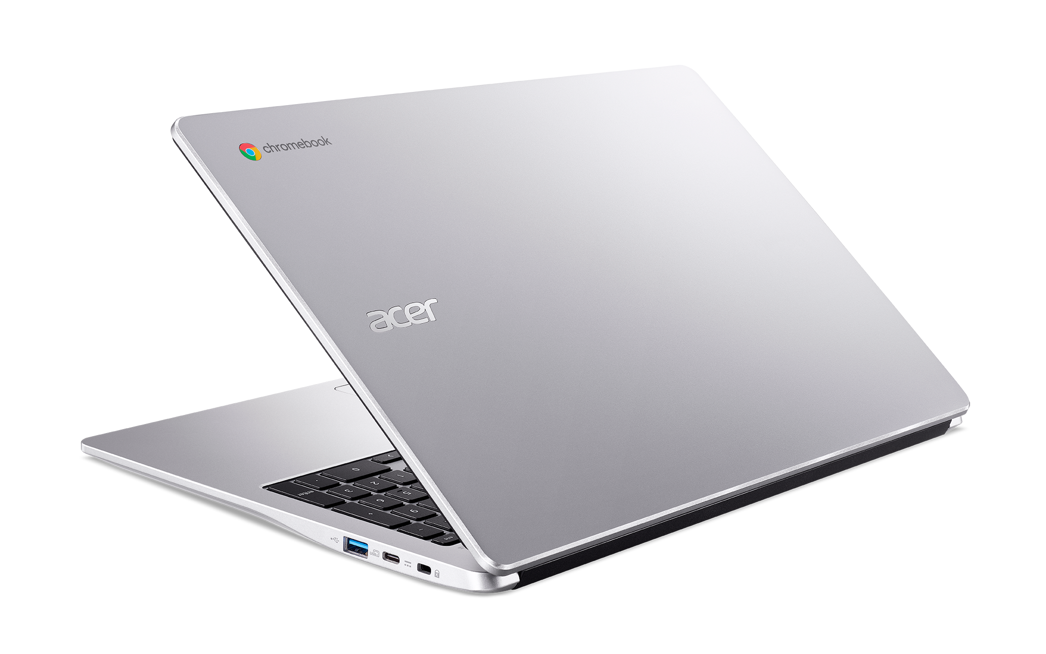 Una laptop Chromebook plateada, parcialmente abierta, en ángulo, mostrando los logos de Acer y Chromebook.