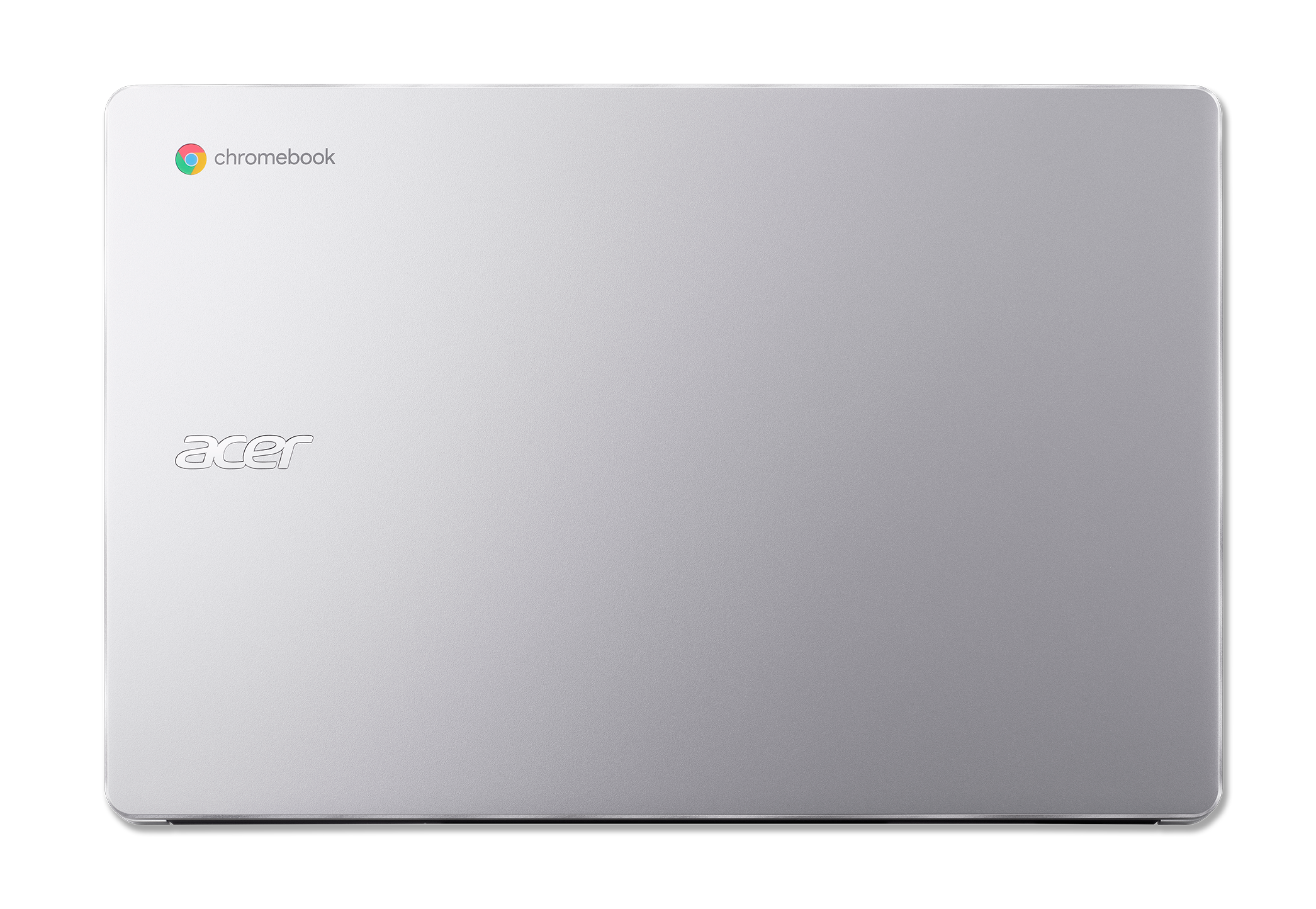Portátil Acer Chromebook plateado, cerrado, con los logotipos de Acer y Chromebook en la parte superior.
