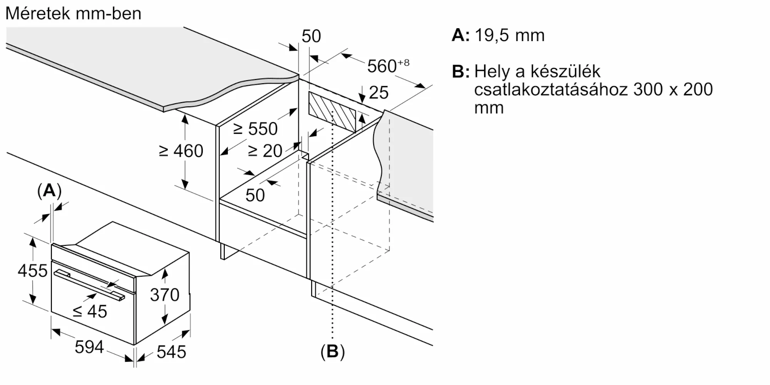 Beépített sütő diagramja méretekkel és szerelési útmutatóval.