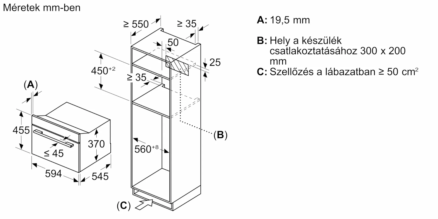 Beépített sütő diagramja méretekkel és címkékkel, amely a beépítési részleteket mutatja.
