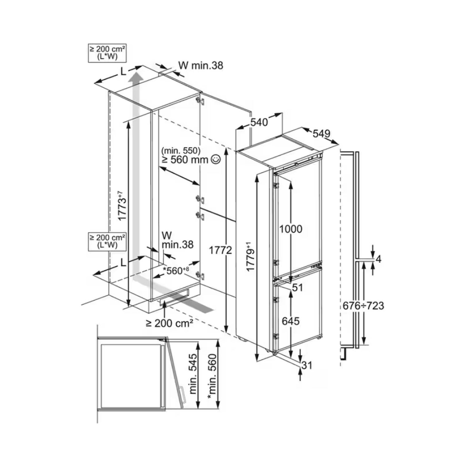 Disegno tecnico di un frigorifero con dimensioni ed etichette su sfondo bianco.