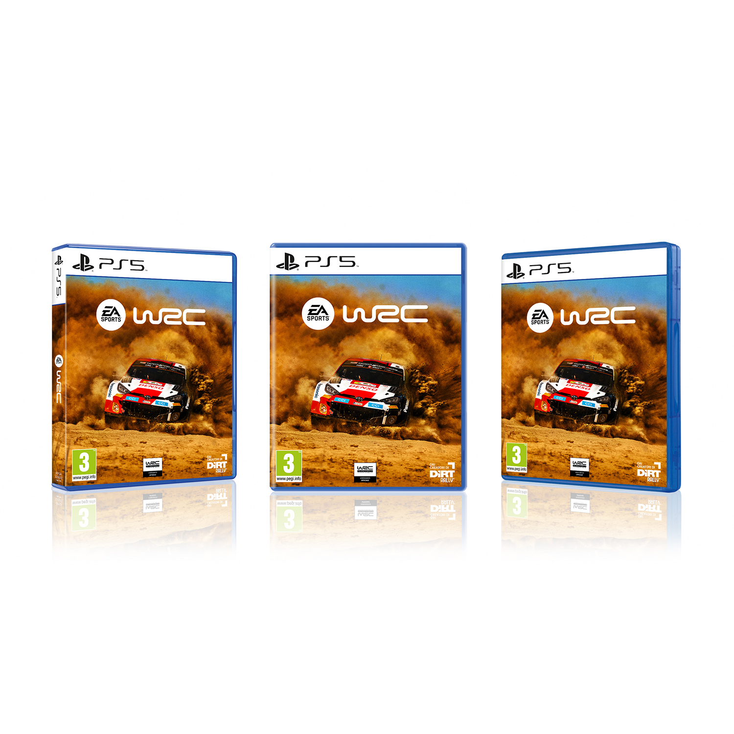 Tre custodie di giochi PS5: gioco WRC, auto che guida su una pista polverosa.