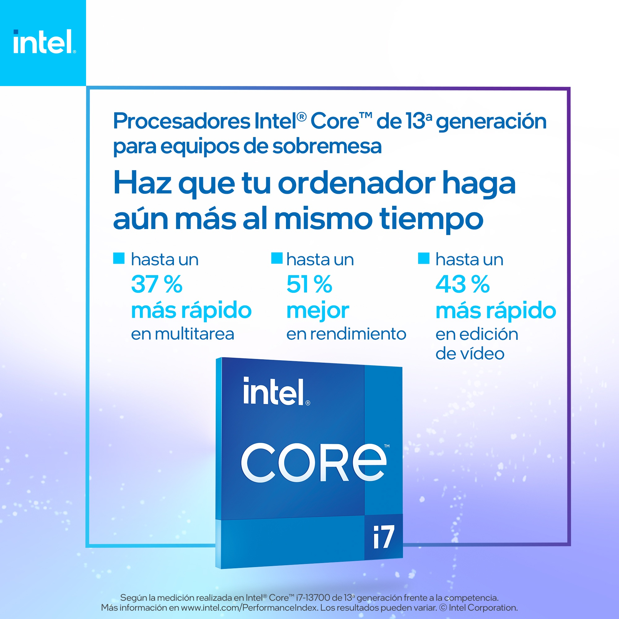 Anuncio del procesador Intel Core i7 mostrando mejoras de rendimiento en multitarea y edición de vídeo.