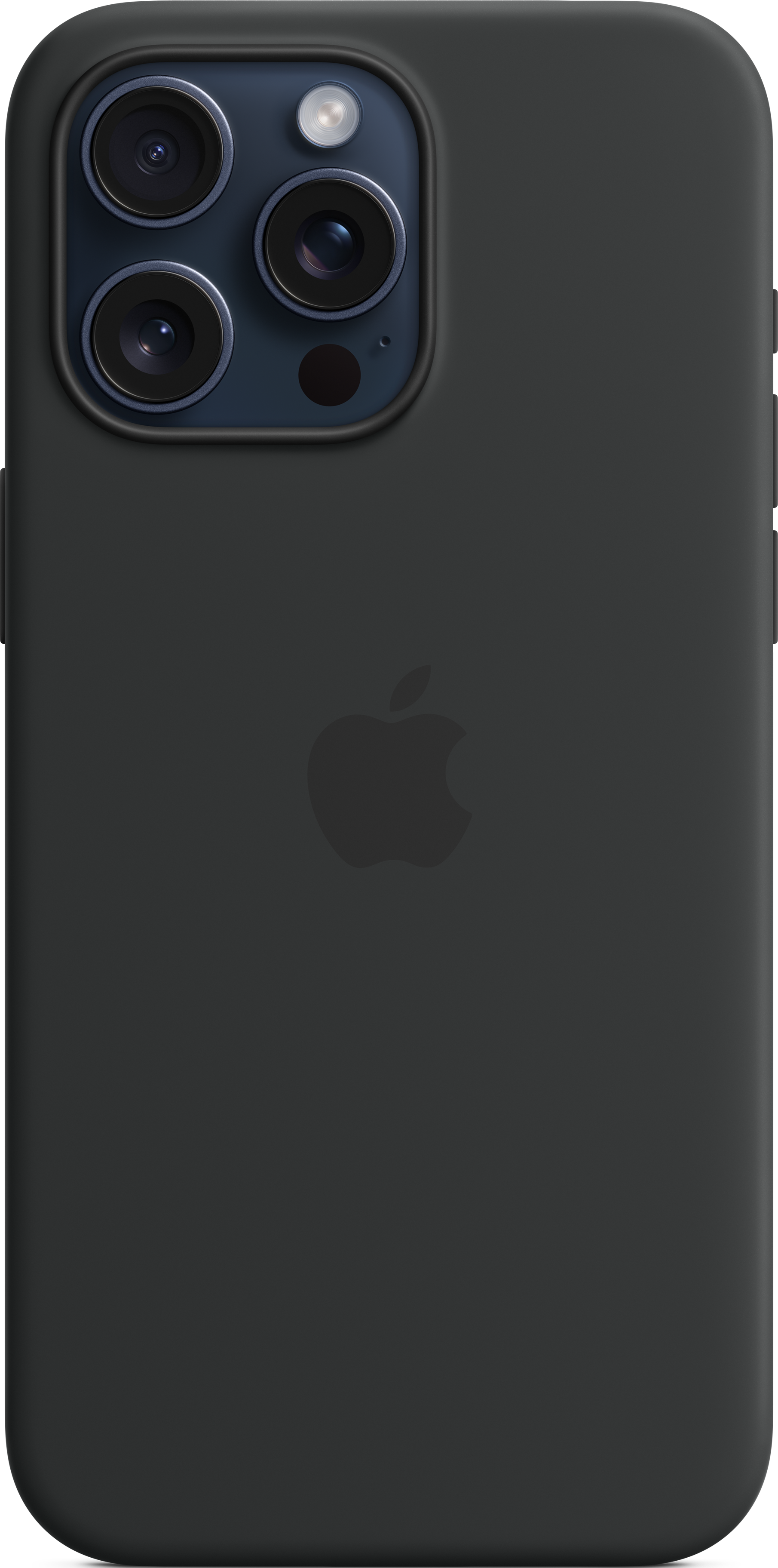 Coque de téléphone noire. Logo Apple visible. Objectifs de caméra en haut, centrés.