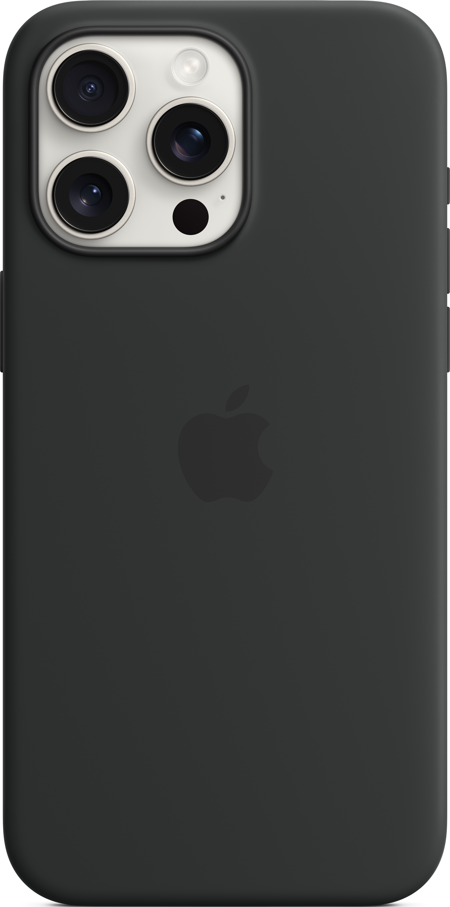 Vue arrière d'un iPhone noir avec triple caméra et logo Apple.