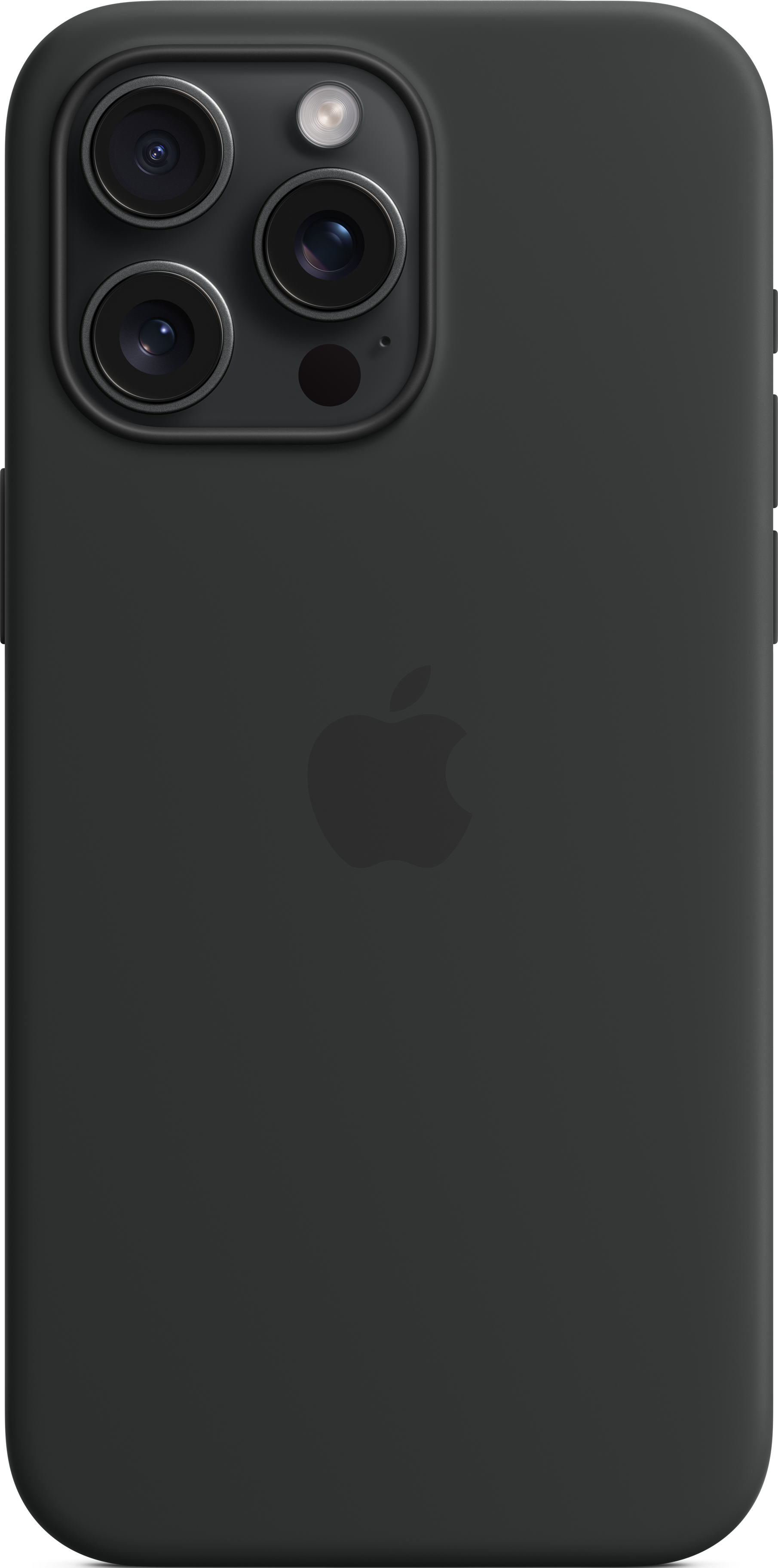 Dos d'un iPhone noir avec trois caméras, un logo Apple centré et un étui noir.
