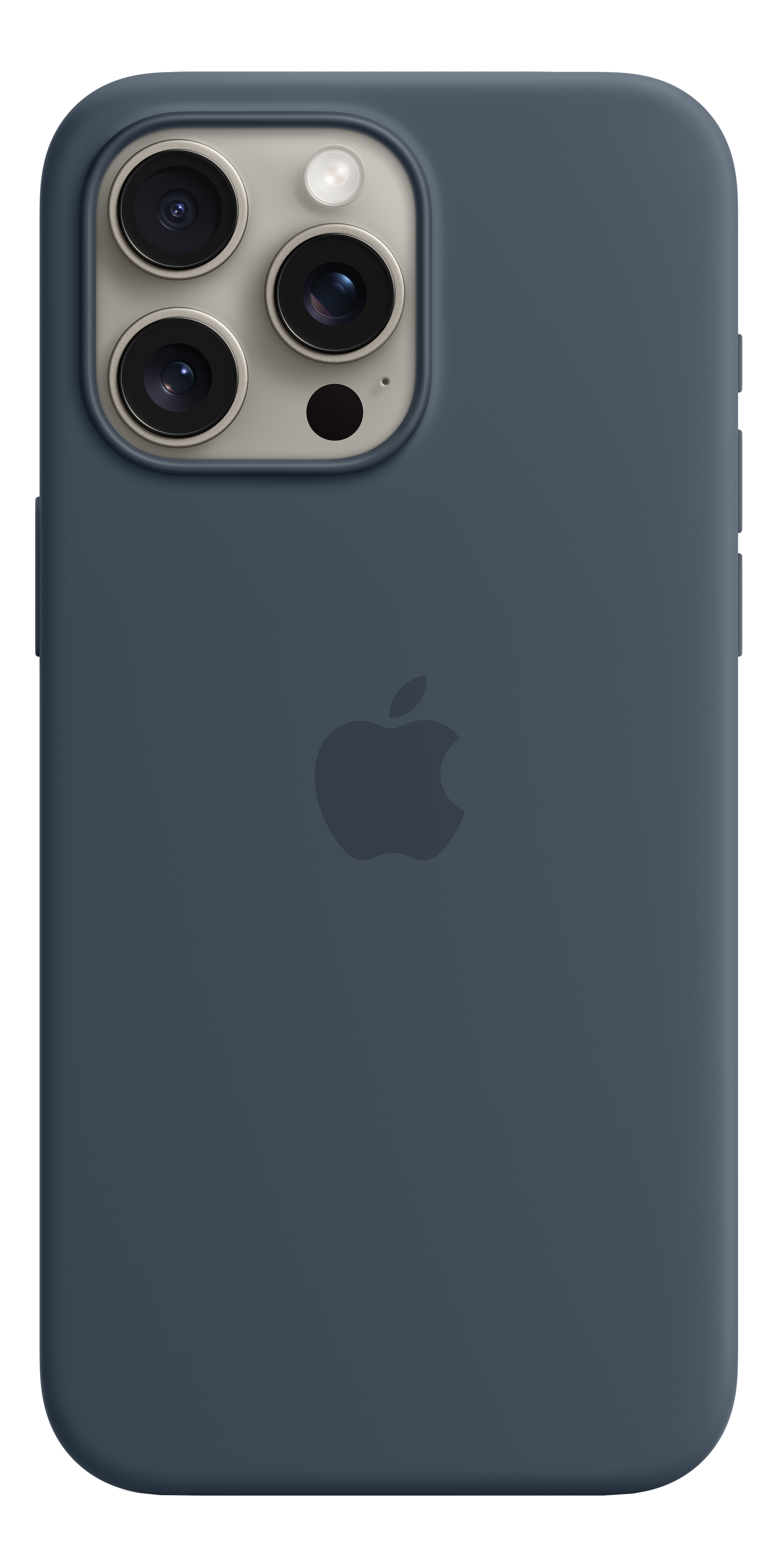 Une coque de téléphone bleu foncé. Comprend le logo Apple et le système de caméra triple.