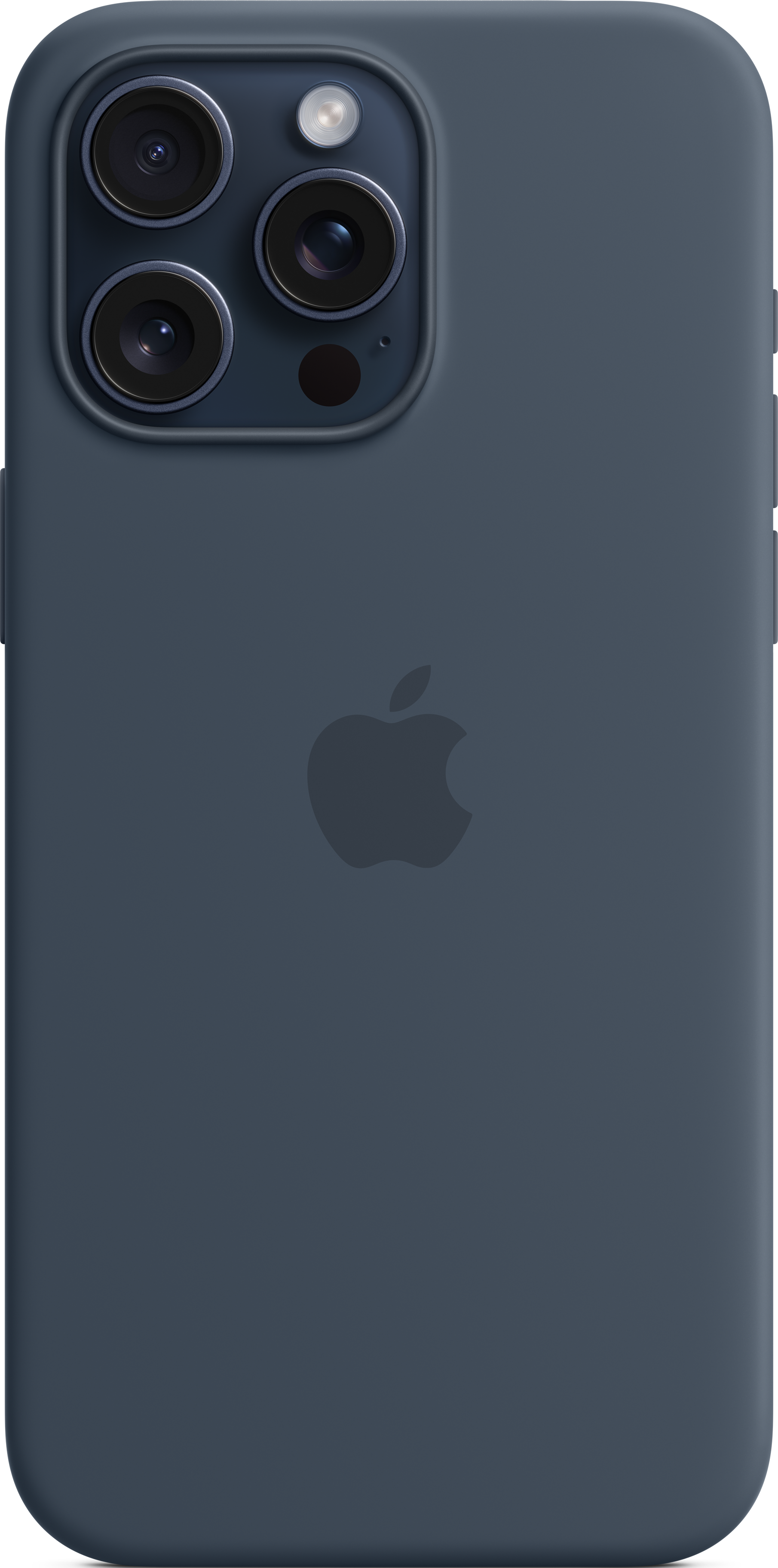 Téléphone bleu foncé, logo Apple au dos. Objectifs de caméra visibles en haut.