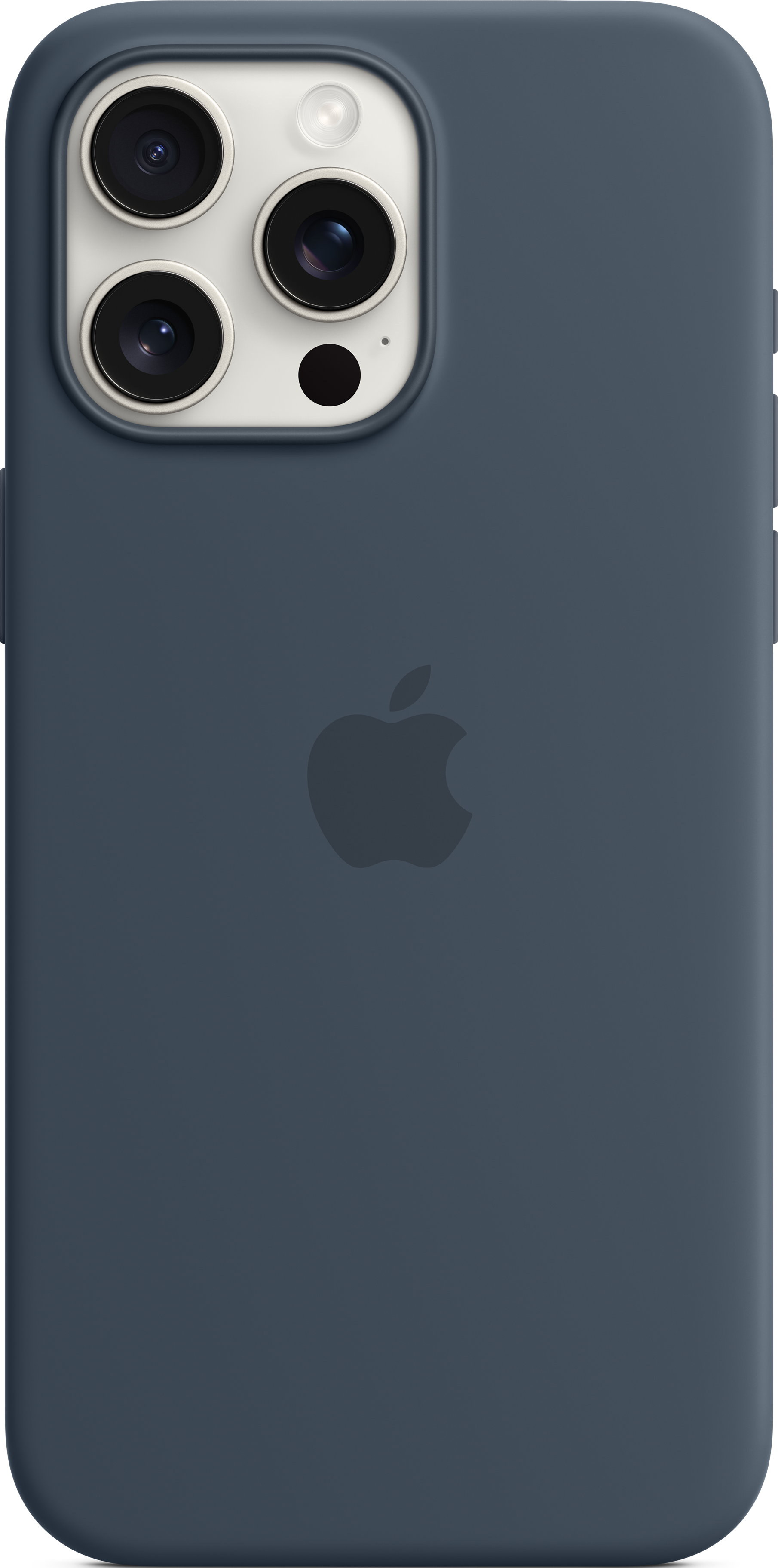 Coque de téléphone bleue avec logo Apple, vue arrière. Objectifs de caméra visibles. Texture lisse.