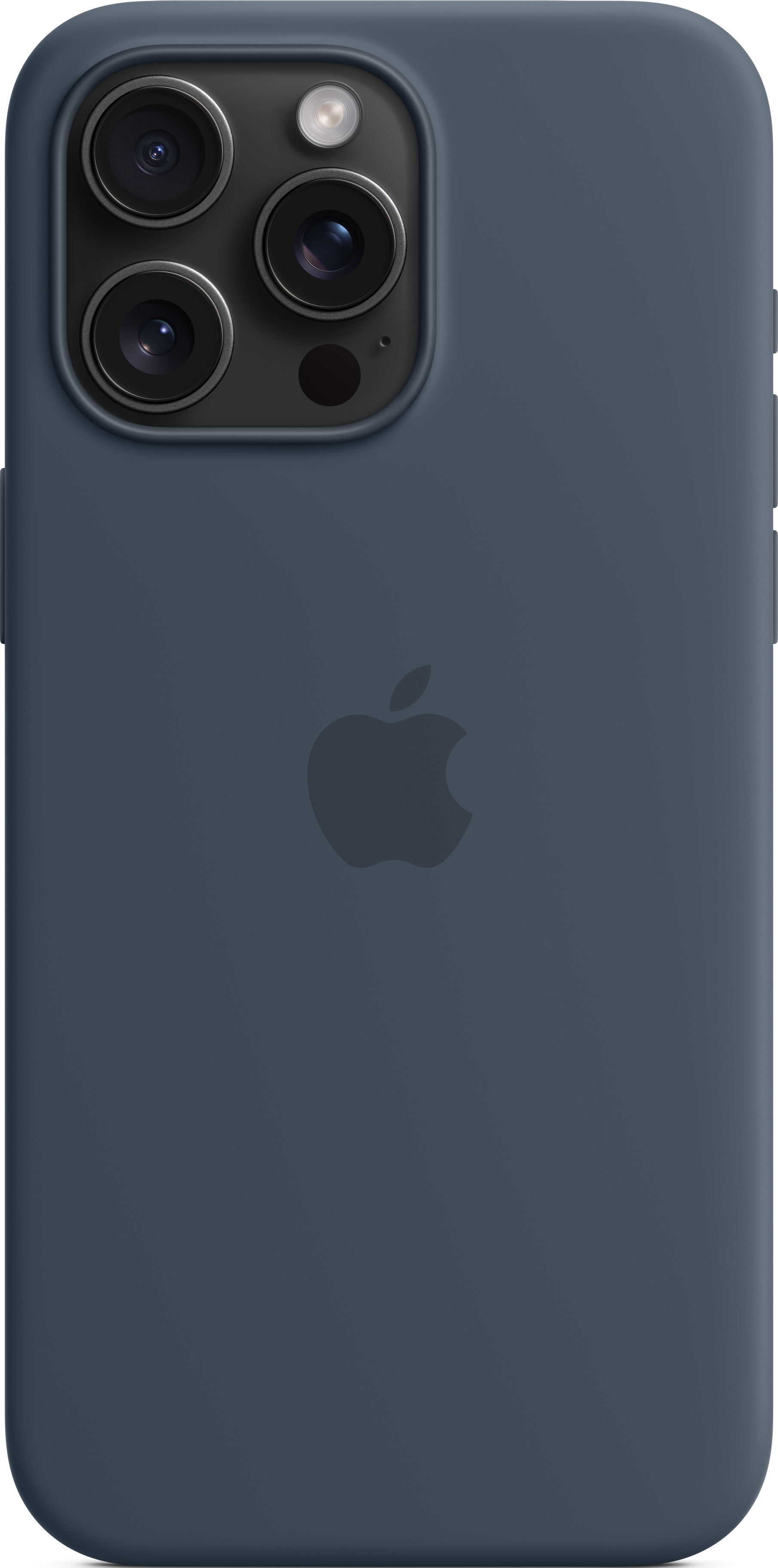 Un iPhone bleu foncé avec configuration caméra arrière et logo Apple sur fond bleu uni.