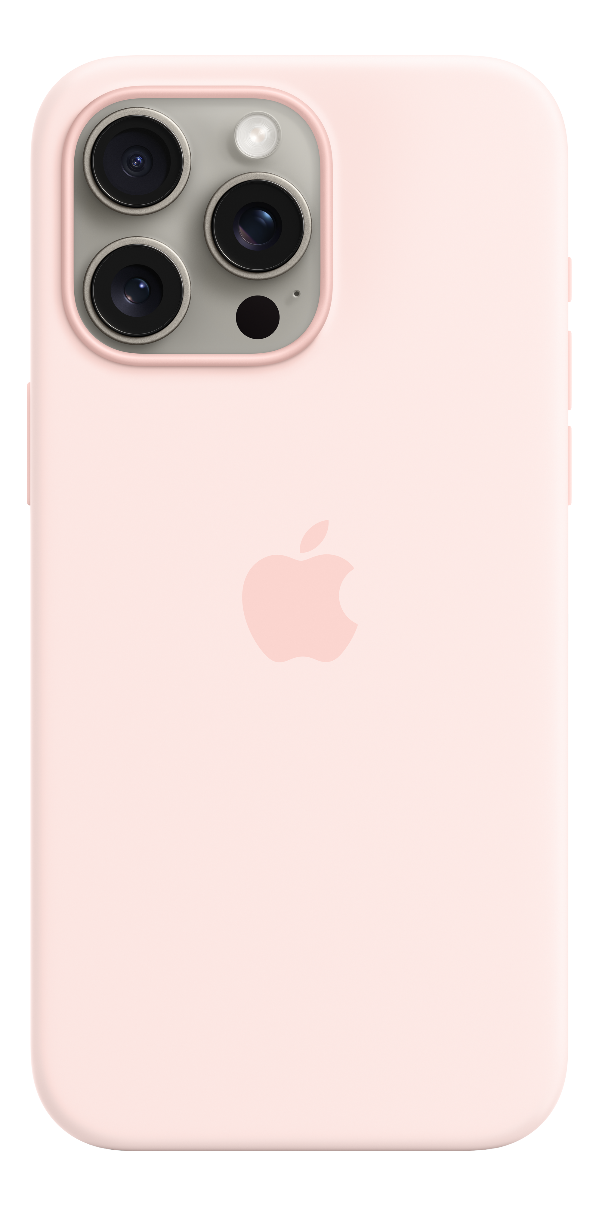 Coque de téléphone rose avec logo Apple et objectifs de caméra visibles.