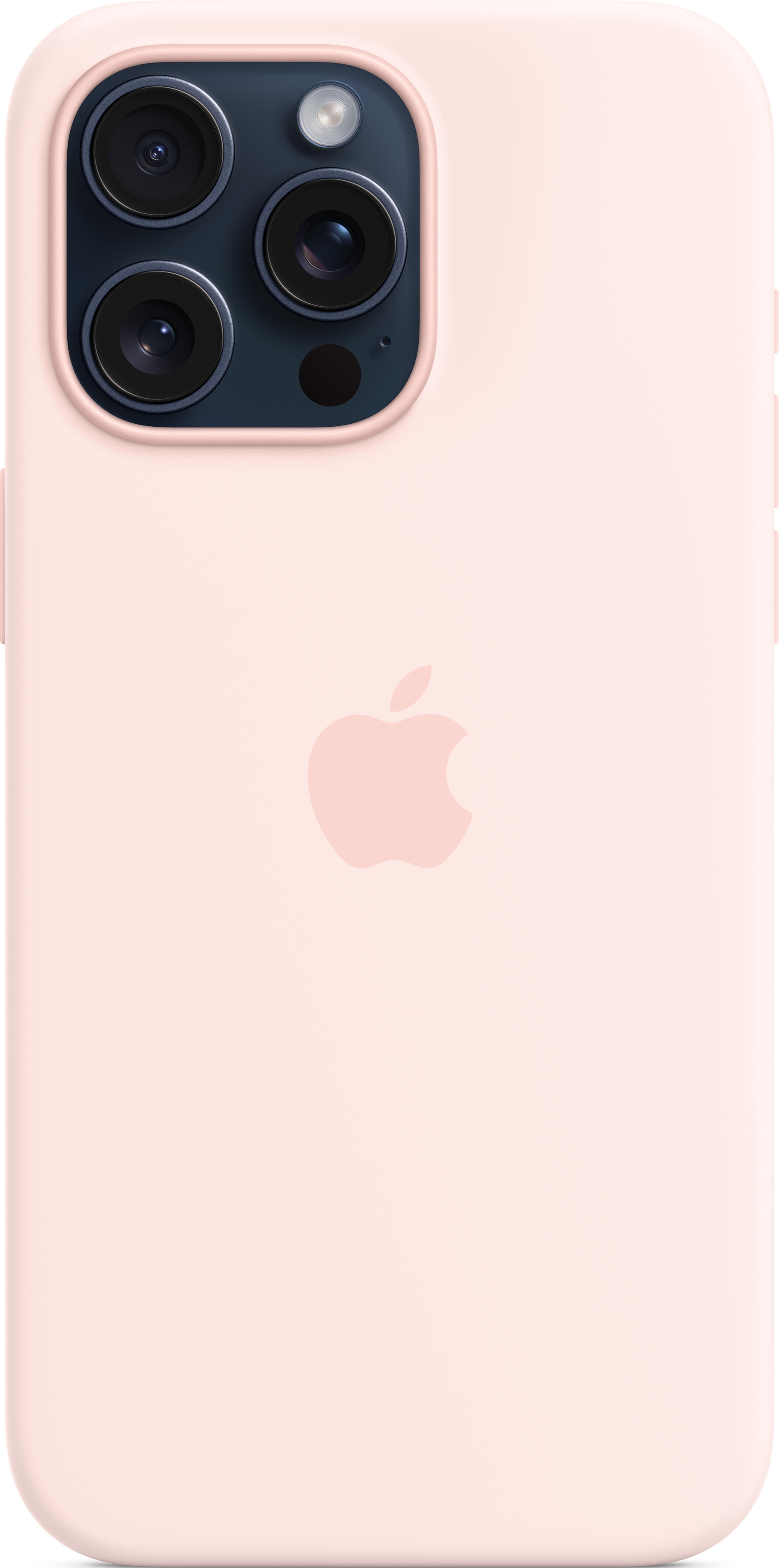 Coque iPhone rose, vue arrière, triple objectif, logo Apple. Surface lisse, design épuré, couleur rose clair.