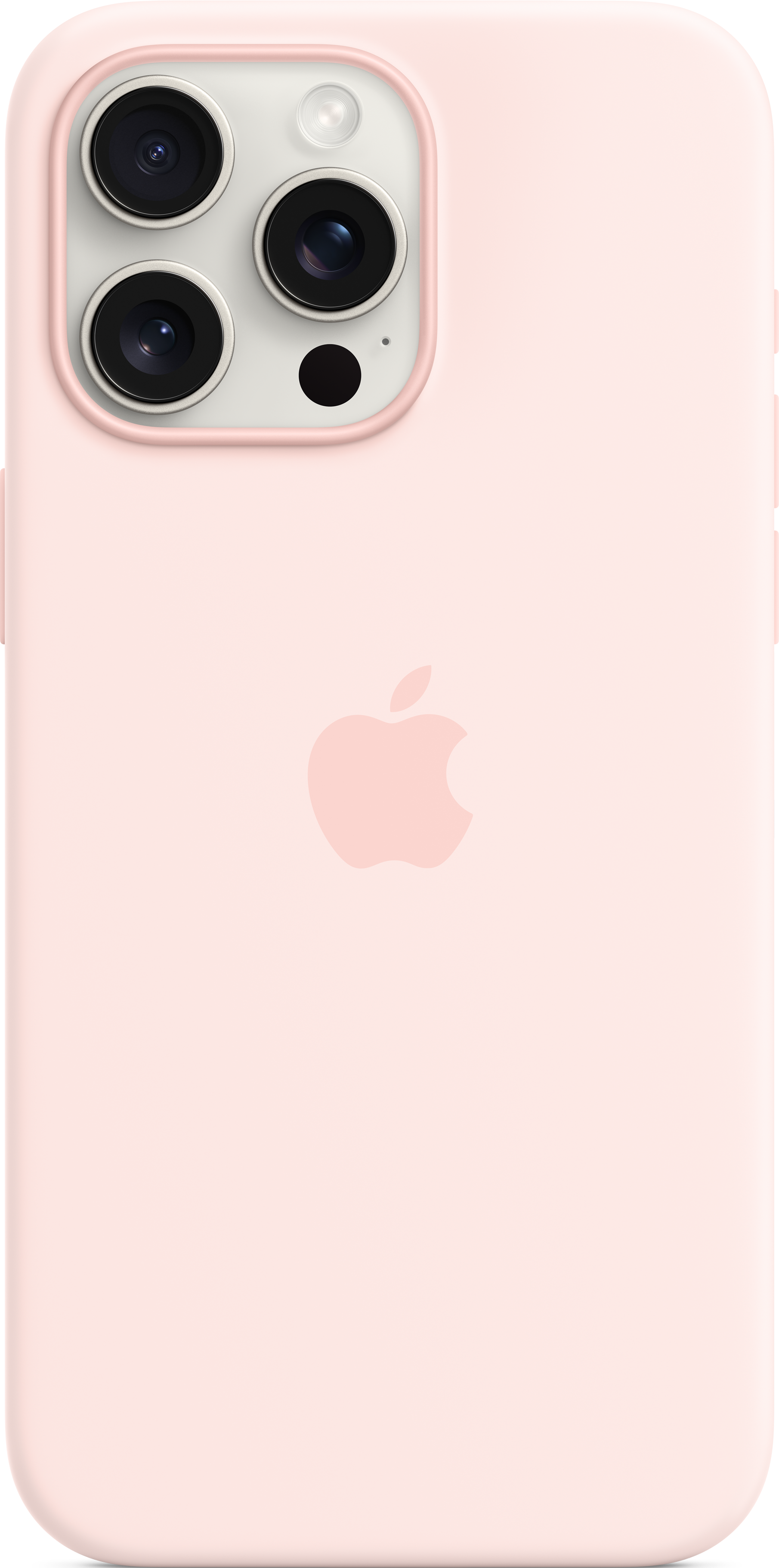 Un étui rose pour iPhone avec trois lentilles d'appareil photo et un logo Apple.