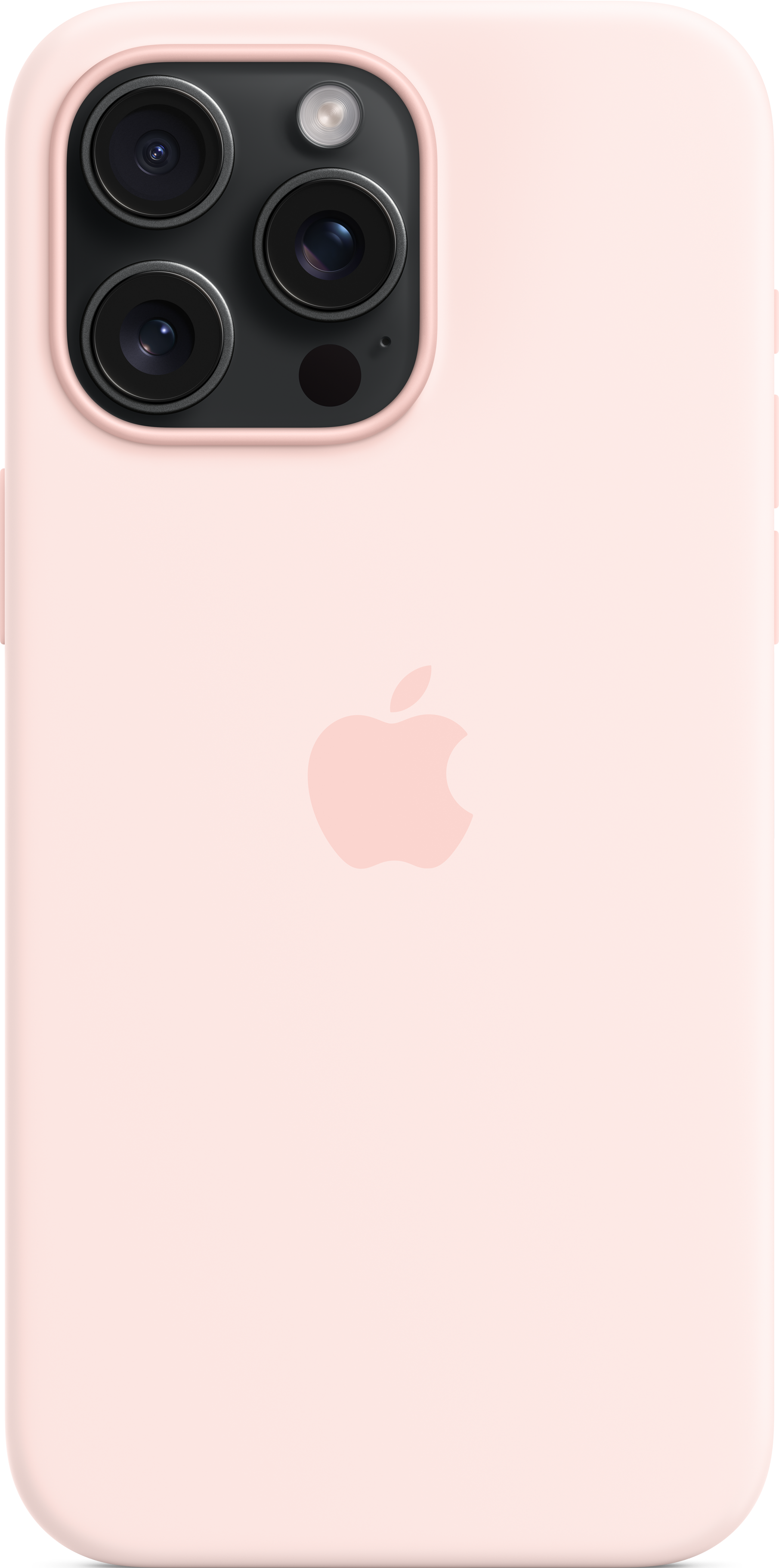 Coque de téléphone rose. Le logo Apple est visible, avec des découpes pour l'appareil photo.