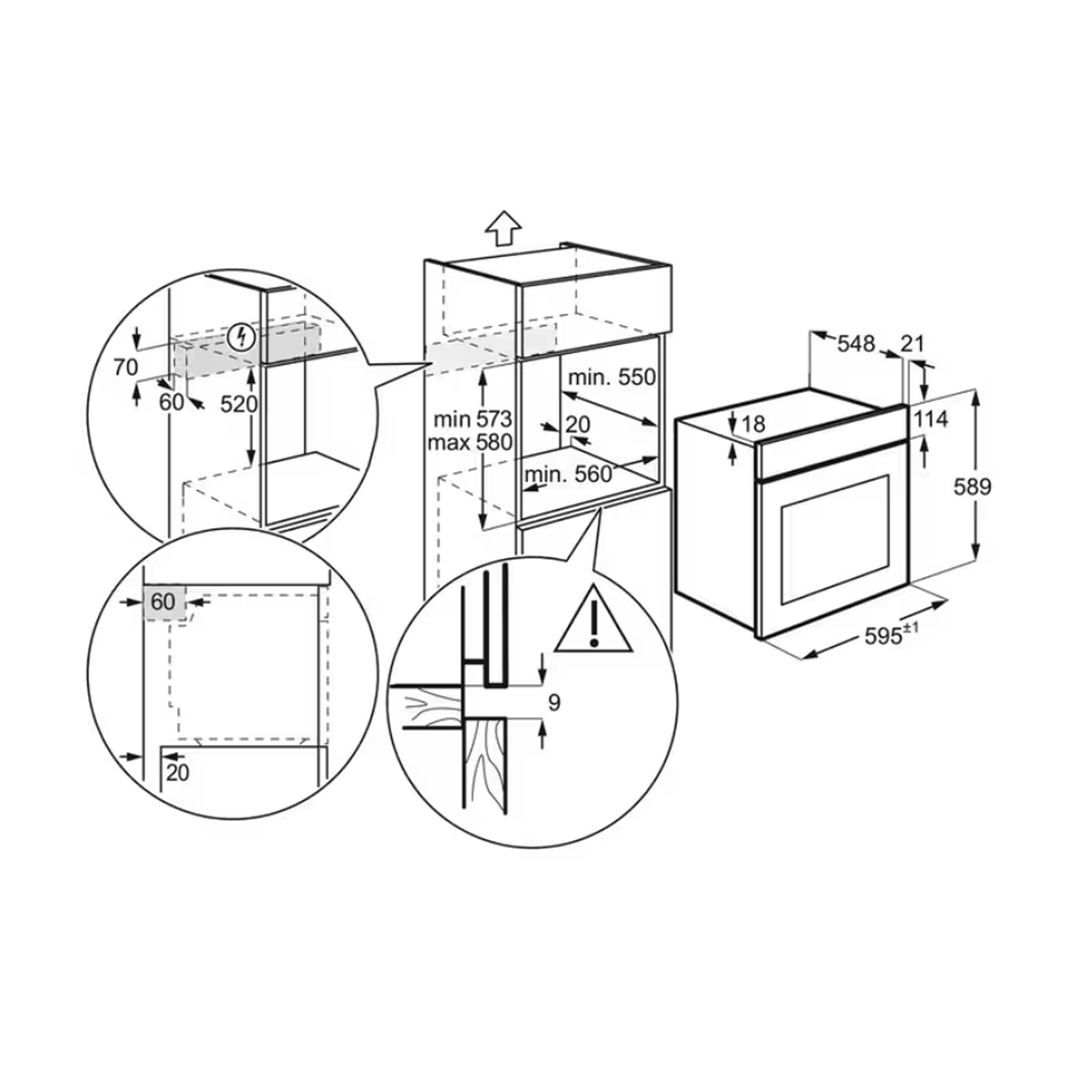Disegno tecnico di un forno con dimensioni, incluso un vano incassato.