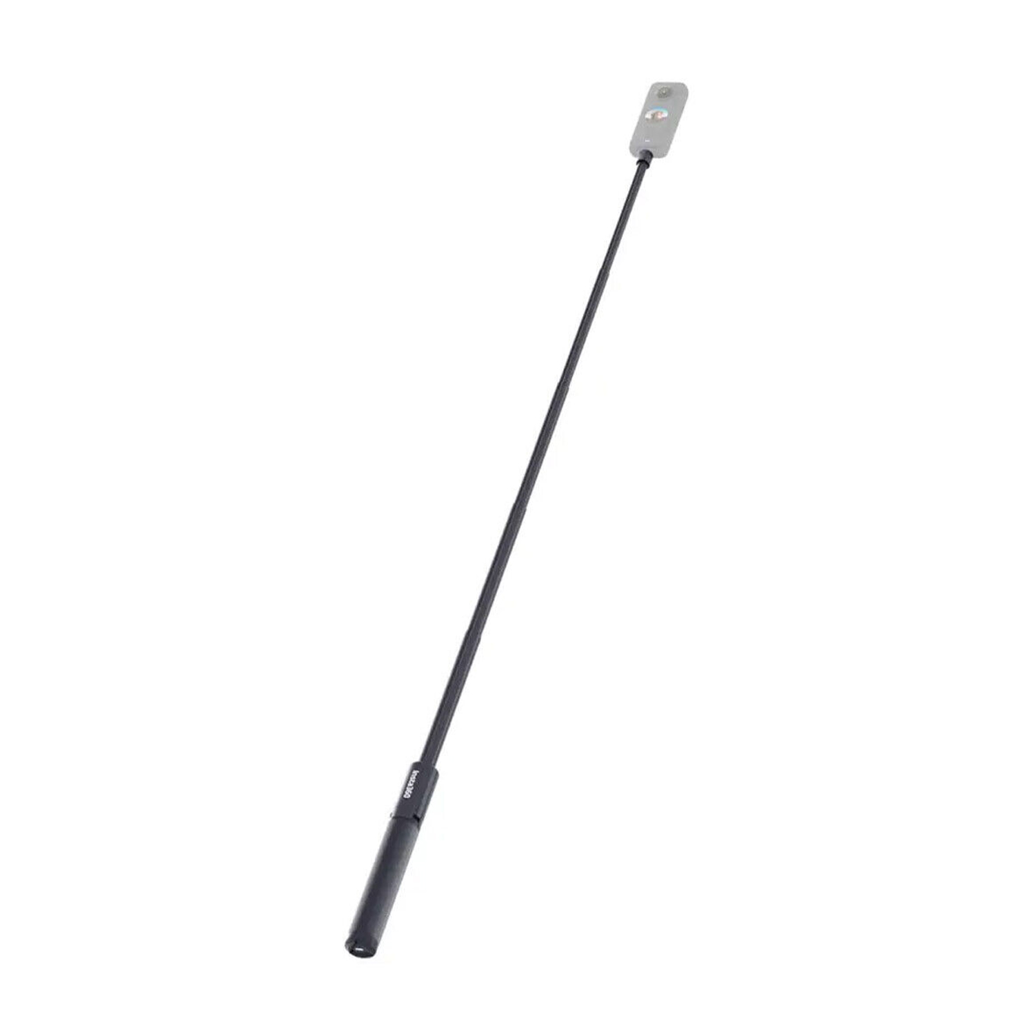 Un selfie stick con una fotocamera collegata, su sfondo bianco.