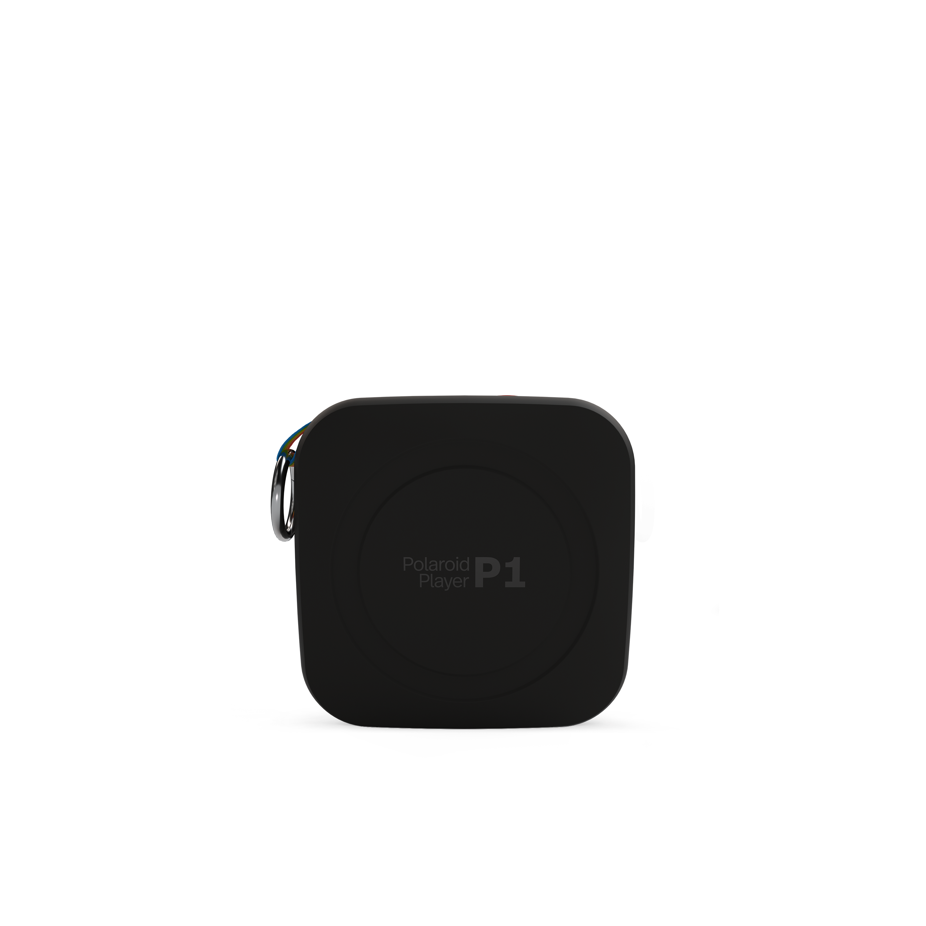 Siyah Polaroid P1 Player hoparlör. Gümüş halkalı ve kordon bağlantılı kare şeklinde. Siyah arka plan.