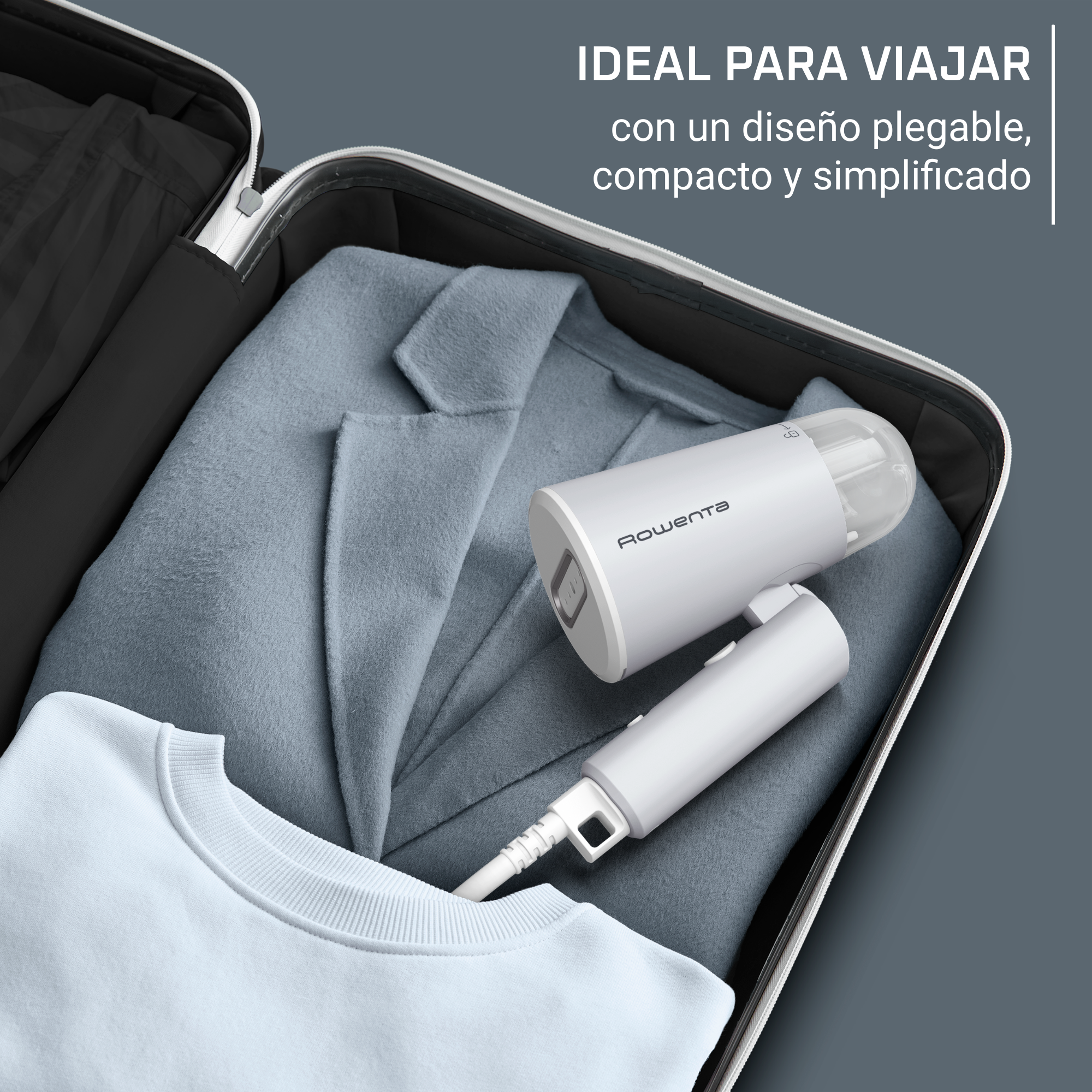 Un vaporizador de viaje en una maleta con ropa. Blanco y gris, ideal para viajar.