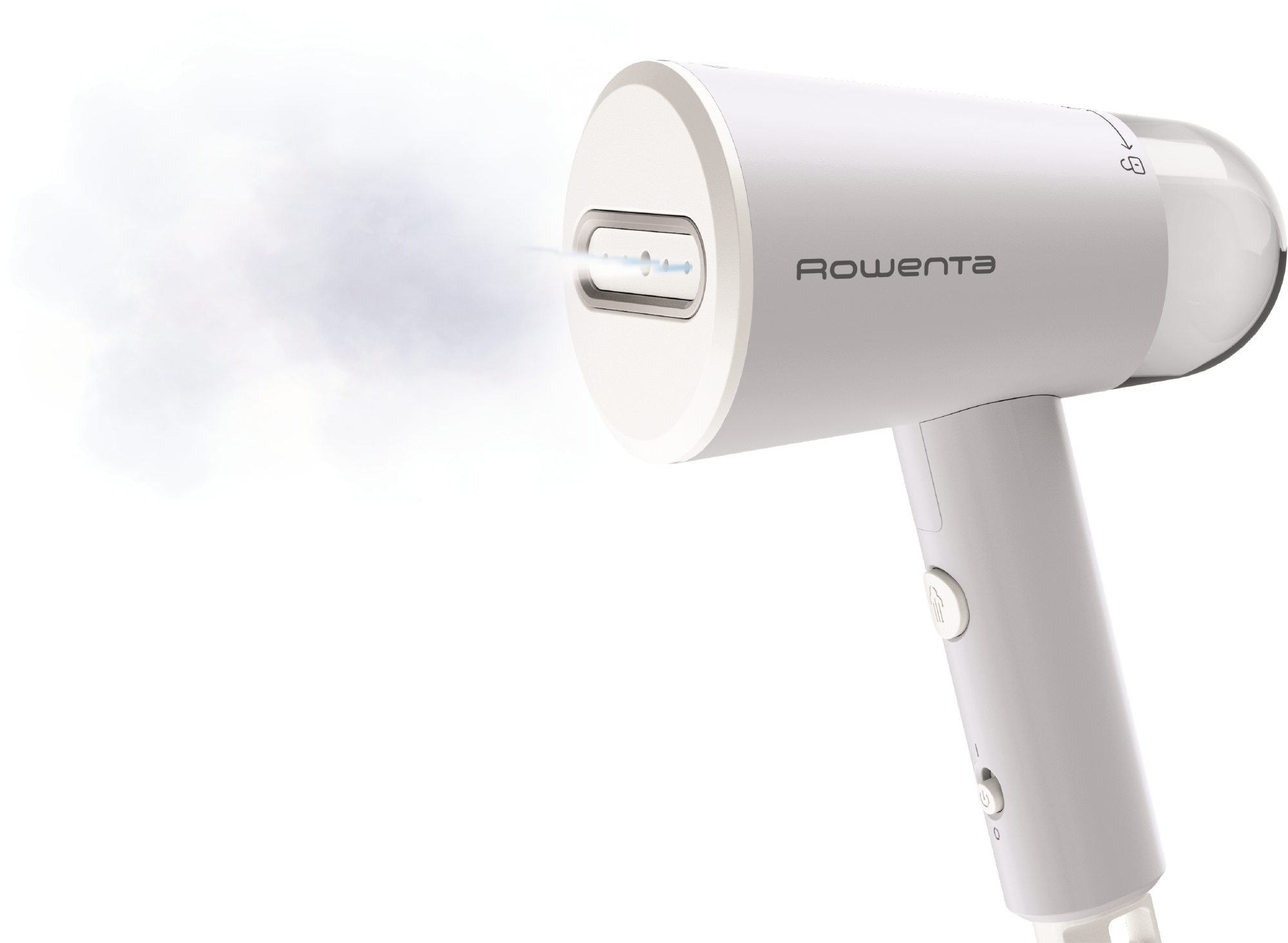 Un vaporizador de mano blanco con vapor saliendo, con la marca Rowenta.