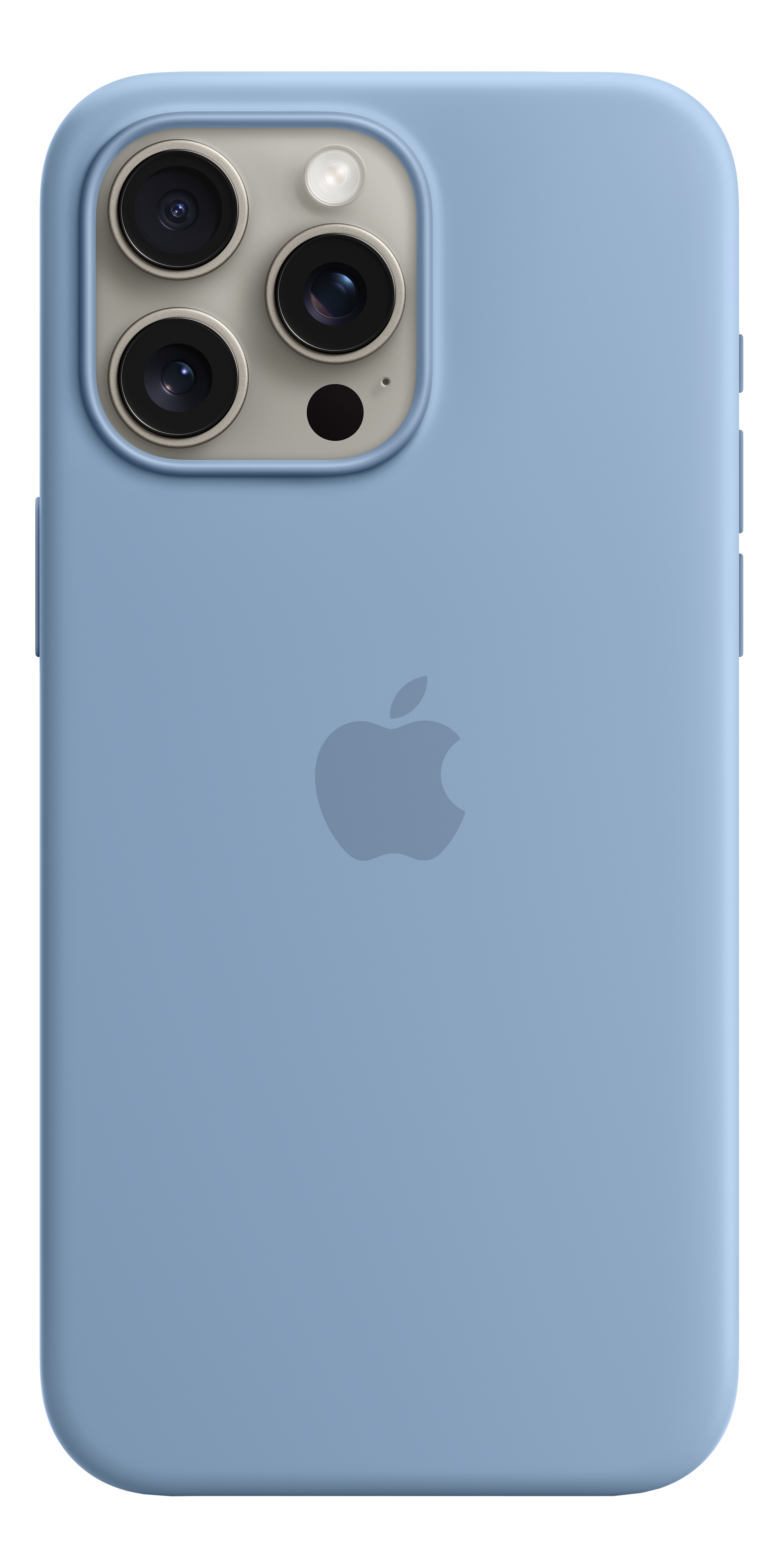 Dos de smartphone bleu clair avec trois caméras et logo Apple sur fond noir.