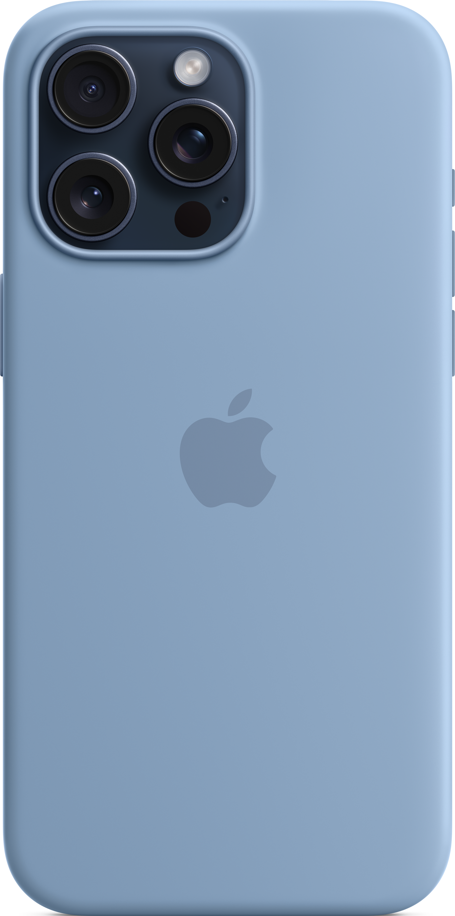 iPhone 13 Pro Max bleu ciel, vue arrière. Le logo Apple est visible.