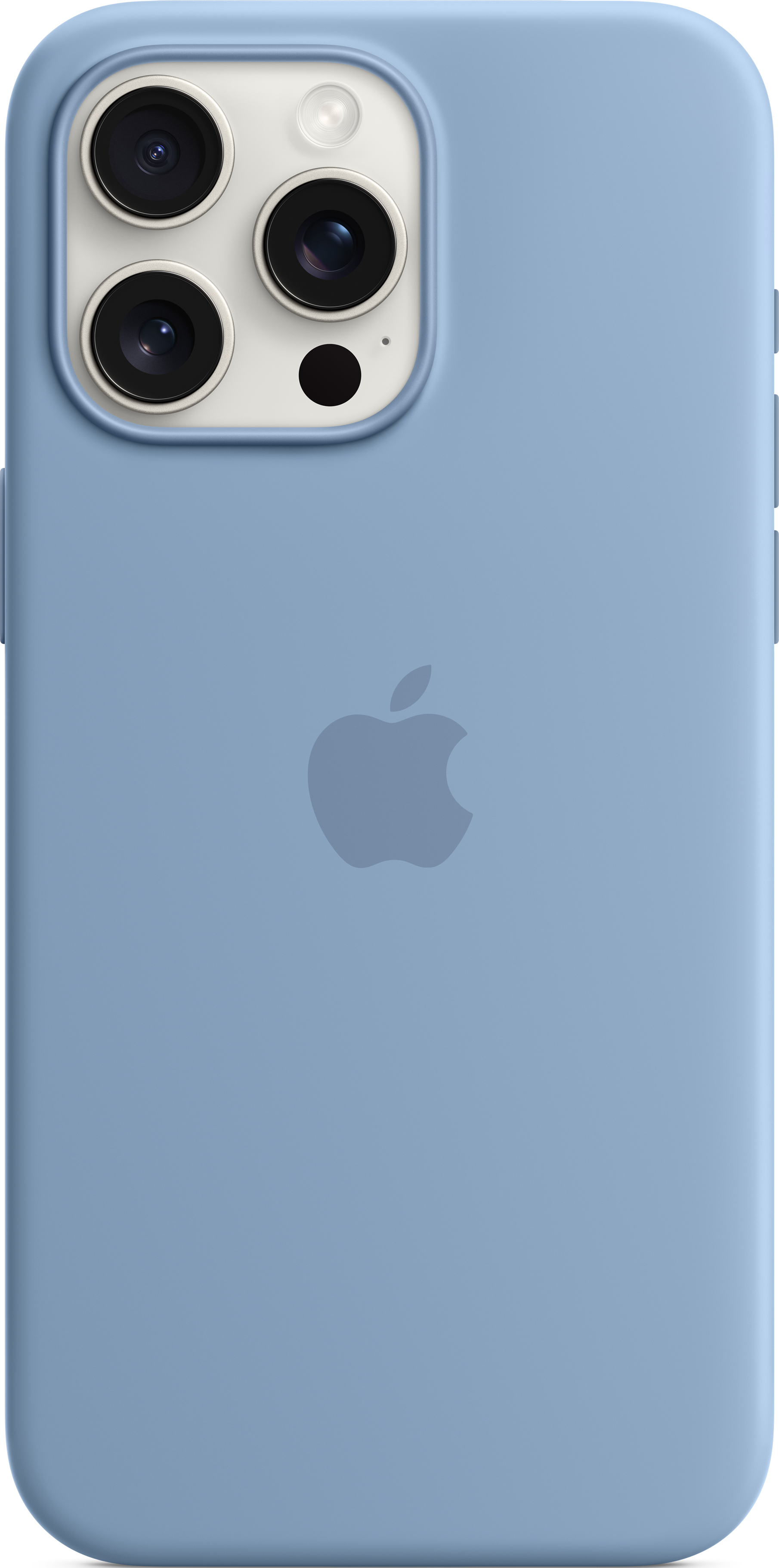 Gros plan d'une coque d'iPhone bleu clair avec le logo Apple, une surface lisse et l'objectif de l'appareil photo.