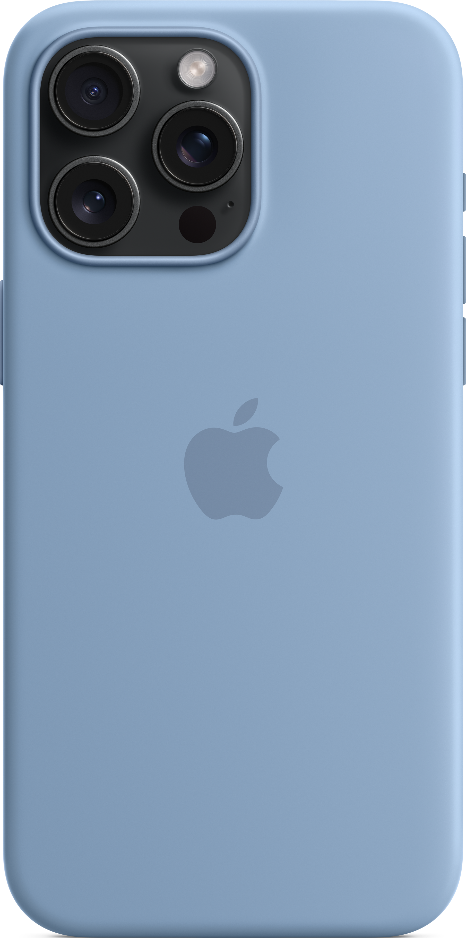 Coque iPhone 14 Pro bleu clair, vue arrière, avec objectifs de caméra, flash et logo Apple.