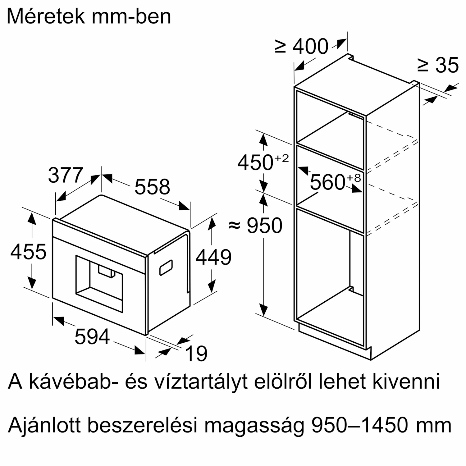 Műszaki rajz beépített kávéfőzőhöz és szekrényhez méretekkel, mm-ben.