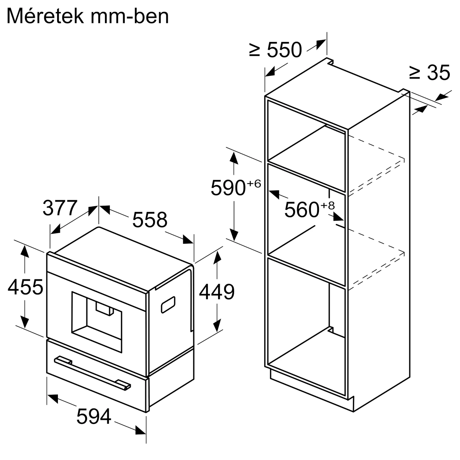 Beépített kávéfőző és szekrény diagramja. A méretek milliméterben vannak megadva.