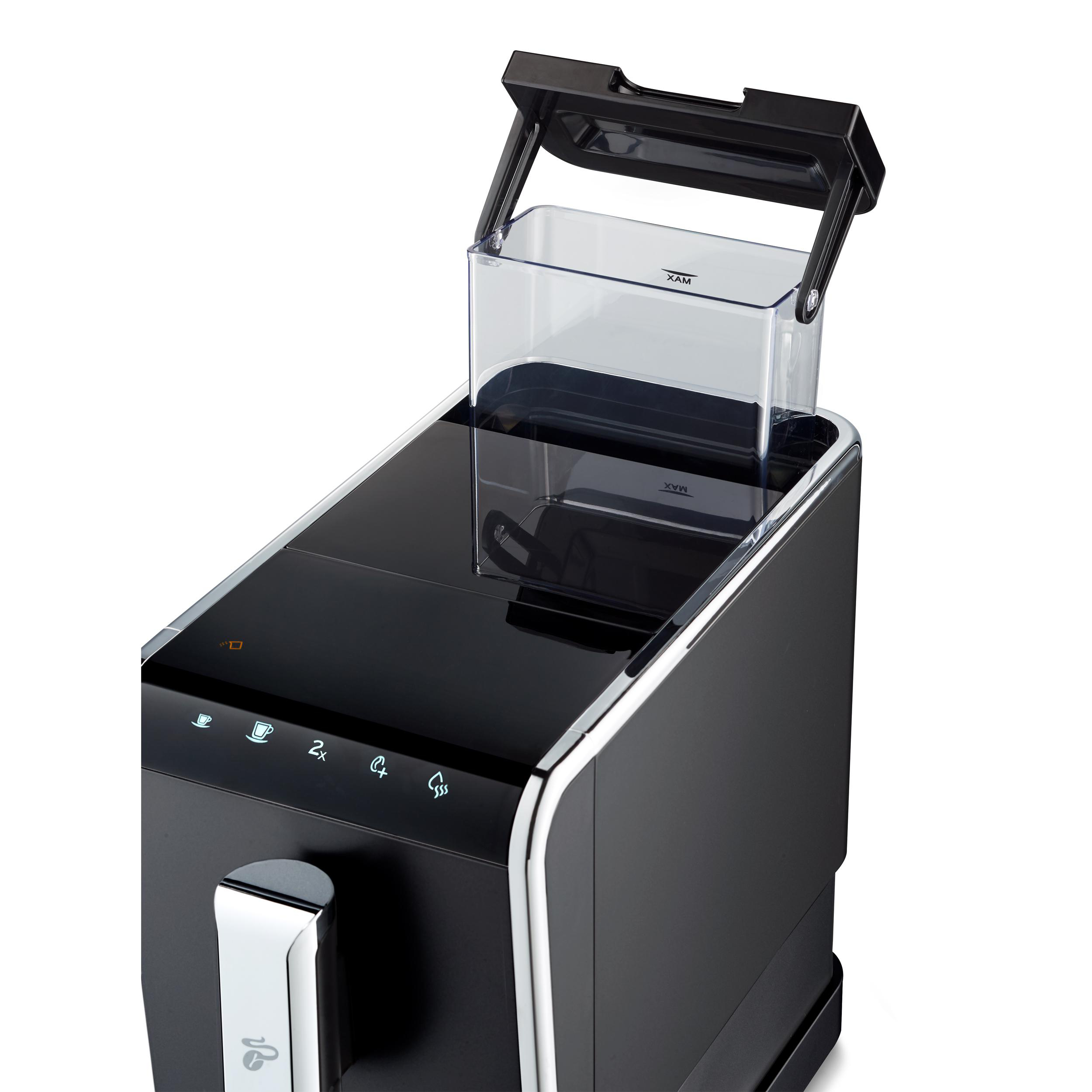 Eine schwarze Kaffeemaschine mit einem transparenten Wasserbehälter.