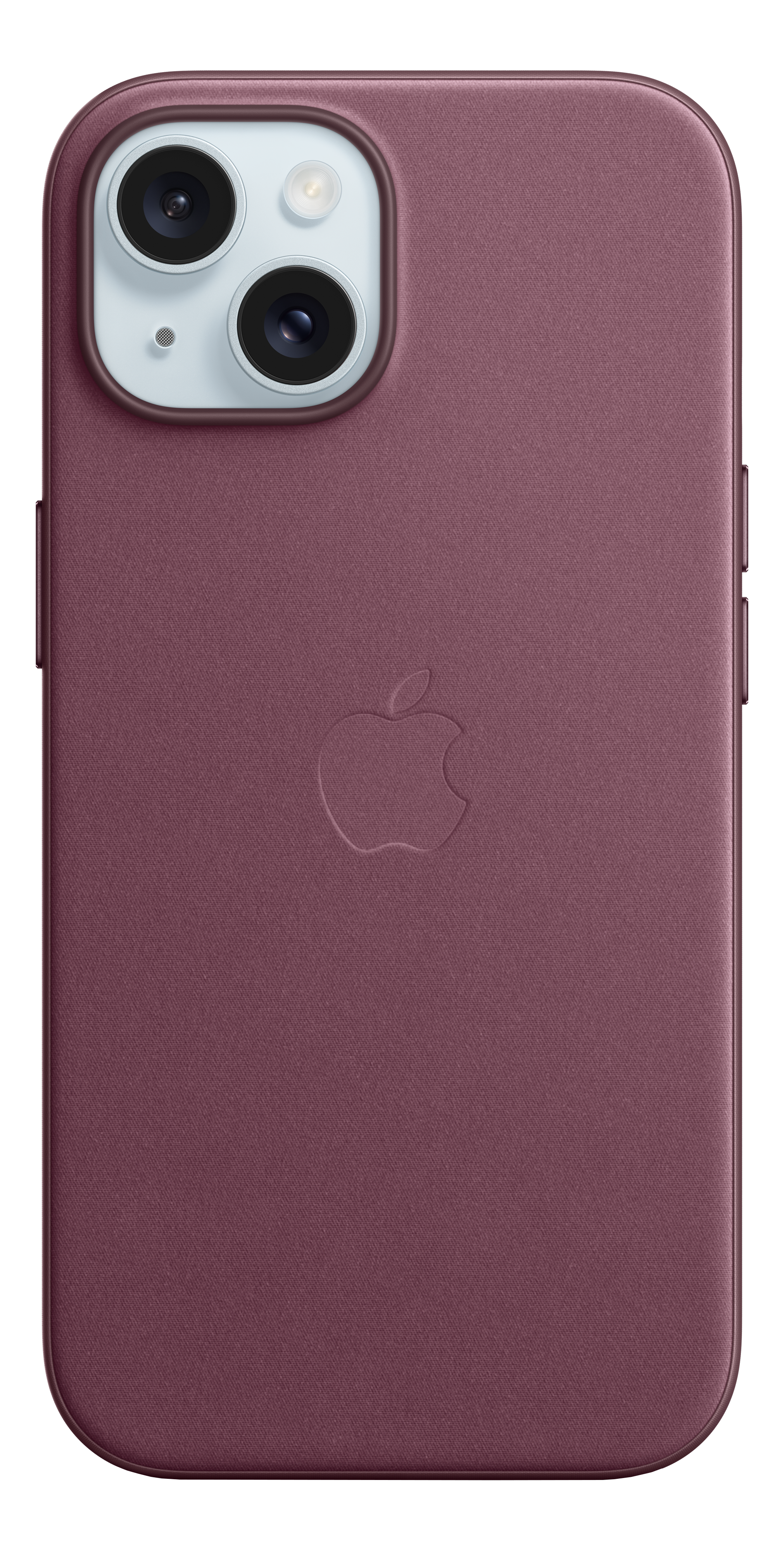 Un telefono rosso scuro, retro con fotocamera, logo Apple. Il materiale sembra pelle.